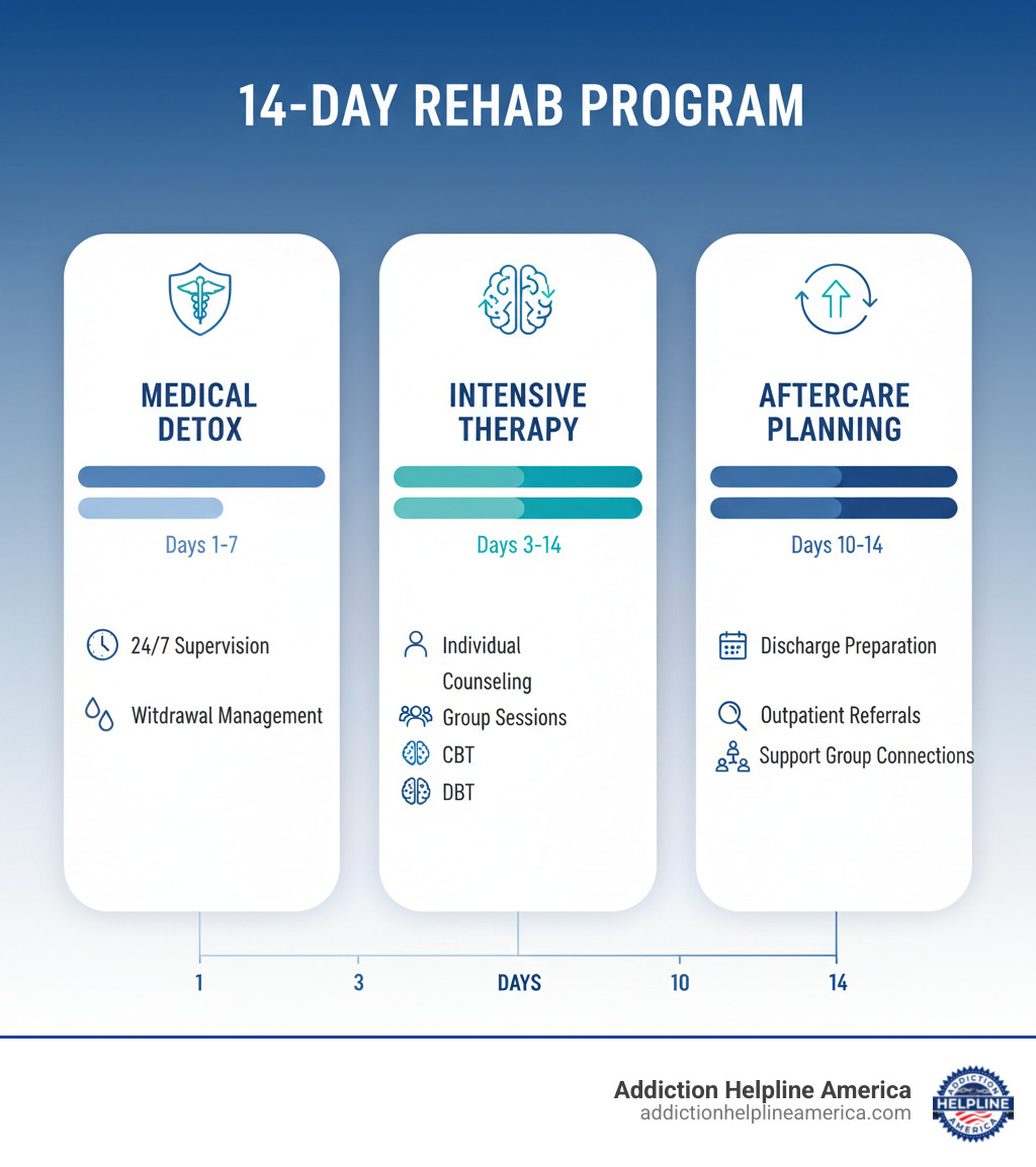 Infographic showing the three core components of a 14-day rehab program: Medical Detox with 24/7 supervision and withdrawal management in days 1-7, Intensive Therapy including individual counseling, group sessions, CBT and DBT in days 3-14, and Aftercare Planning with discharge preparation, outpatient referrals, and support group connections in days 10-14 - 14 day rehab infographic 