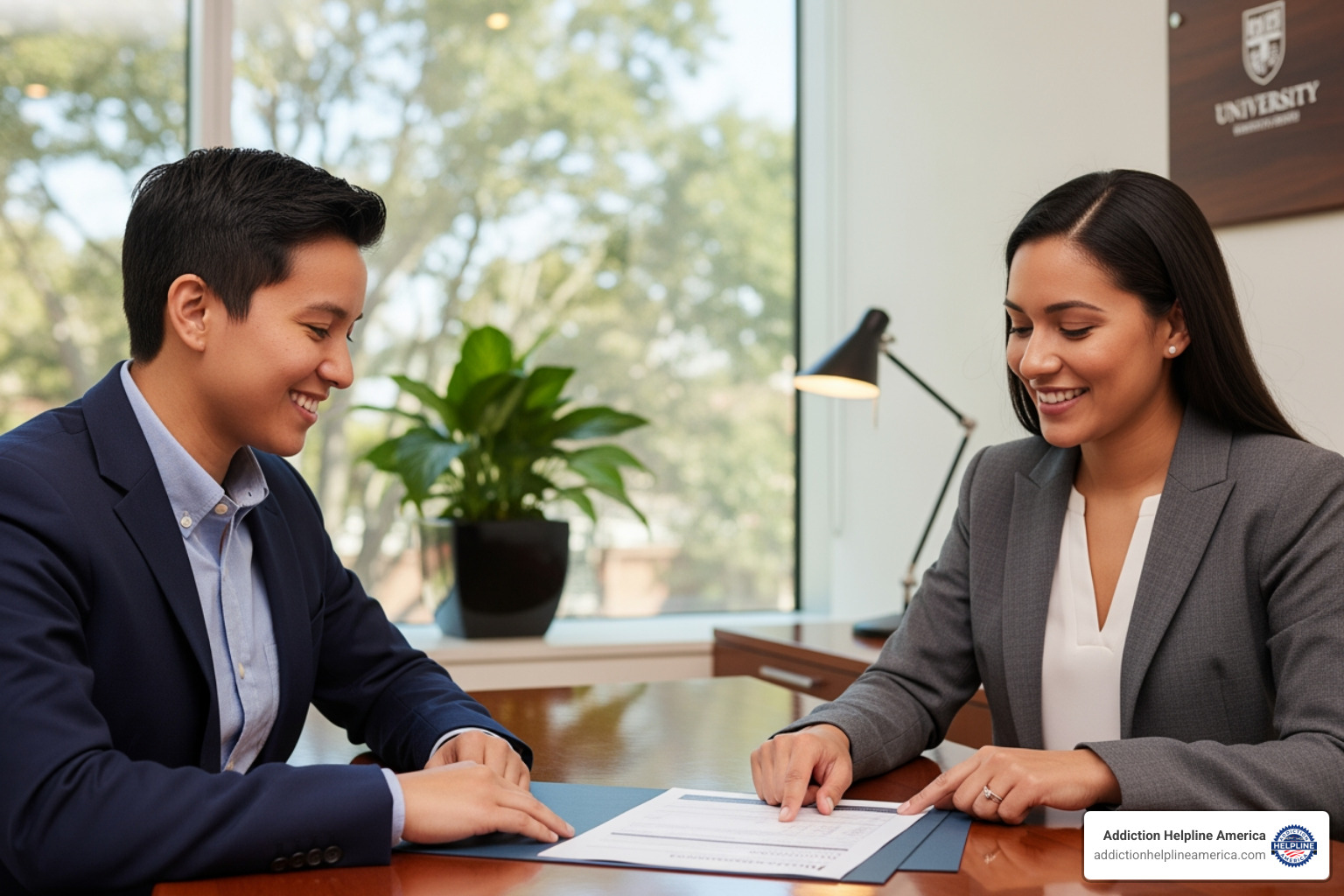 Image of a person reviewing documents with a helpful admissions coordinator - 90 day rehab programs