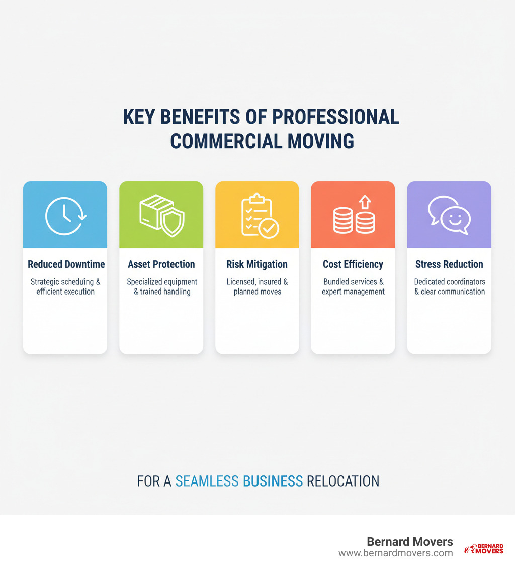 Infographic showing the key benefits of professional commercial moving services: Reduced operational downtime through strategic scheduling and efficient execution; Asset protection via specialized equipment, custom crating, and trained handling crews; Risk mitigation with licensed, insured movers and comprehensive planning; Cost efficiency through bundled services and expert project management; Stress reduction via dedicated coordinators and clear communication protocols - commercial moving services infographic 