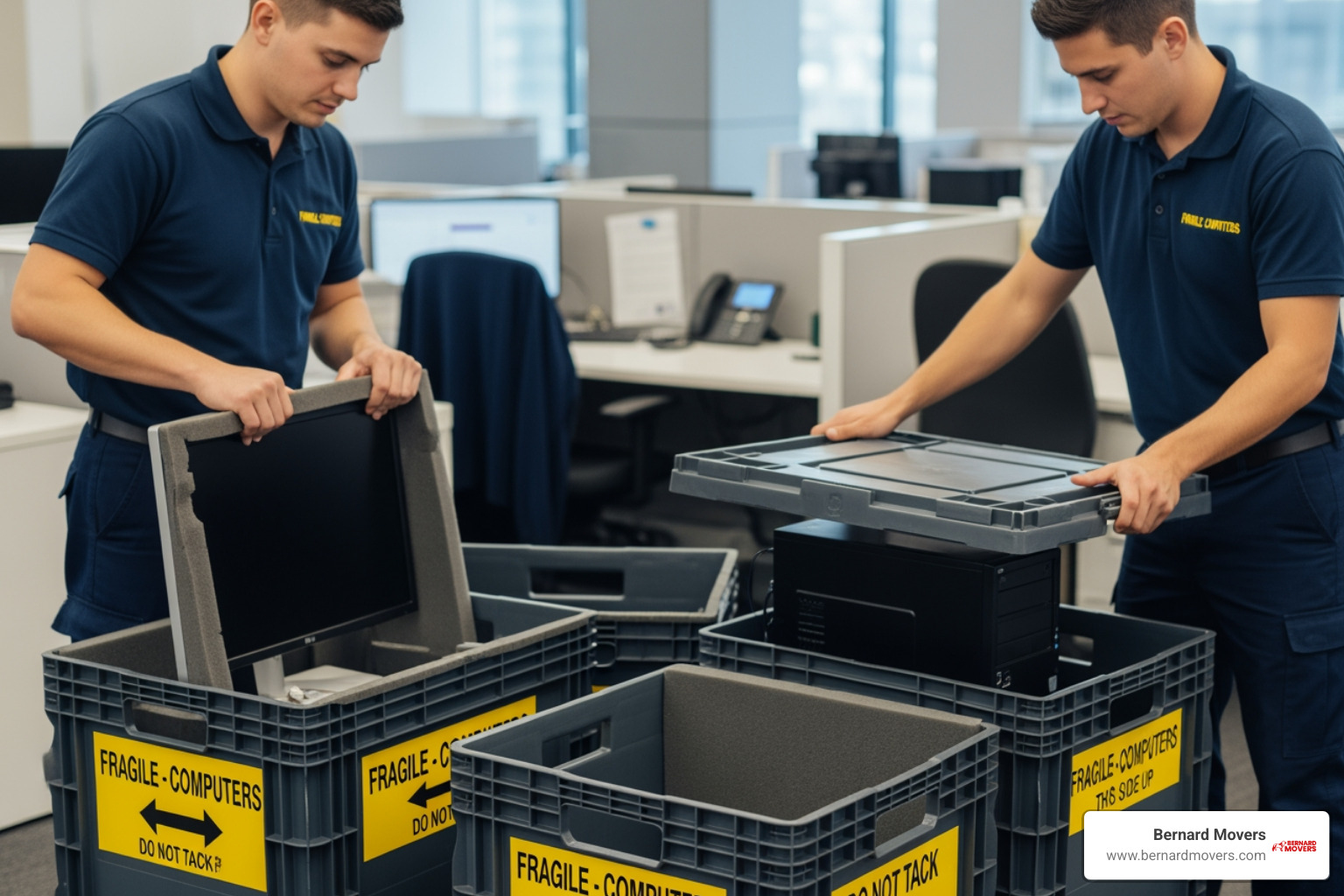 movers packing computers into specialized, labeled crates - commercial moving services