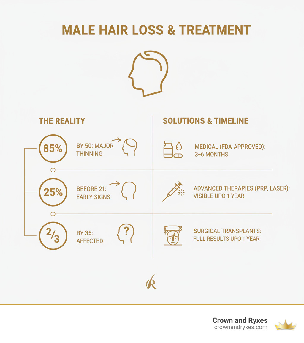 Infographic showing that 85% of men experience major hair thinning by age 50, 25% see first signs before age 21, two-thirds of men are affected by age 35, and treatment options include FDA-approved medications taking 3-6 months to show results, advanced therapies like PRP and laser treatment, and surgical hair transplants with results visible up to one year - male thinning hair treatment infographic 