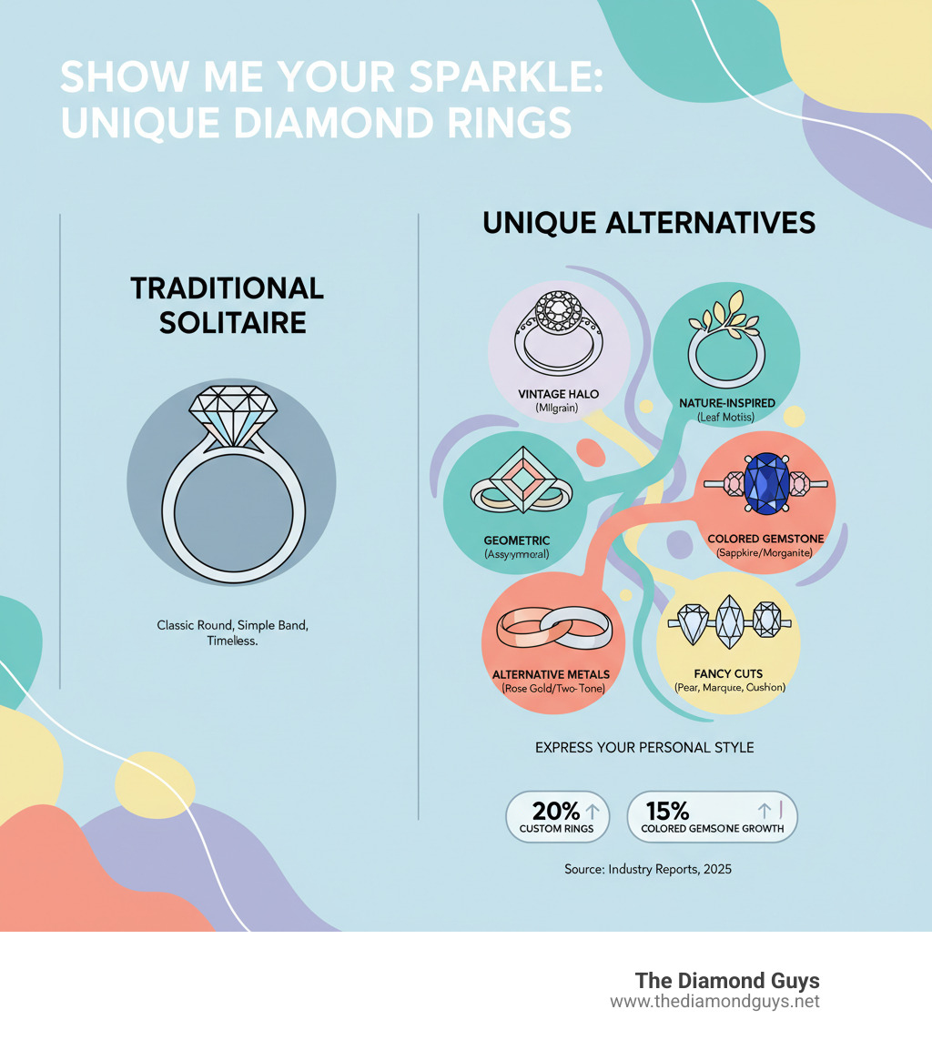 Infographic comparing traditional solitaire diamond rings with unique alternatives including vintage halo settings with milgrain details, nature-inspired designs with leaf motifs, geometric patterns with asymmetrical stone placement, colored gemstone centers like sapphires and morganite, alternative metals like rose gold and two-tone finishes, and fancy diamond cuts including pear, marquise, and cushion shapes - unique diamond rings infographic 