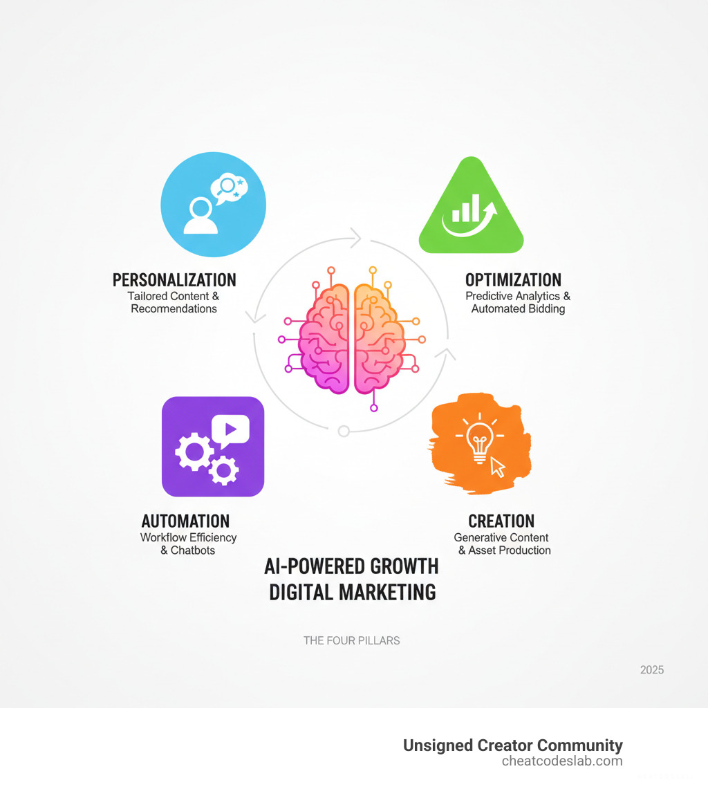 Infographic showing four pillars of AI in digital marketing: Personalization (tailored content and recommendations), Optimization (predictive analytics and automated bidding), Automation (workflow efficiency and chatbots), and Creation (generative content and asset production) - ai-powered growth to further fuel digital marketing infographic 