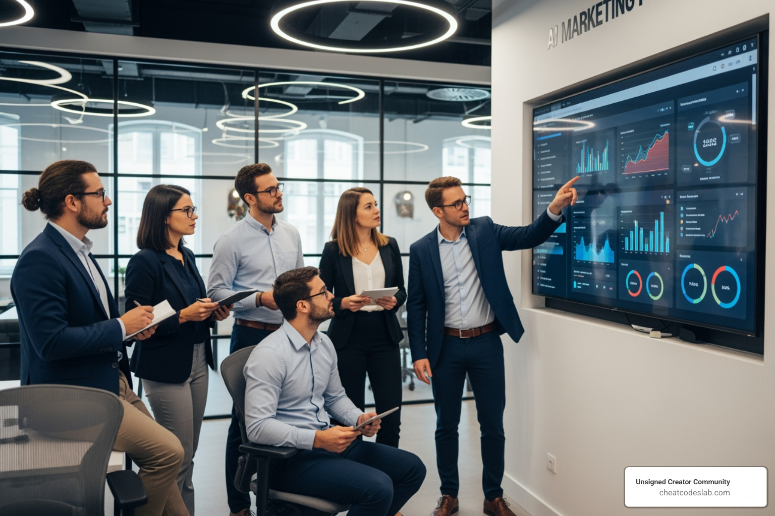 A marketing team collaborating around a screen showing AI-driven analytics - ai-powered growth to further fuel digital marketing