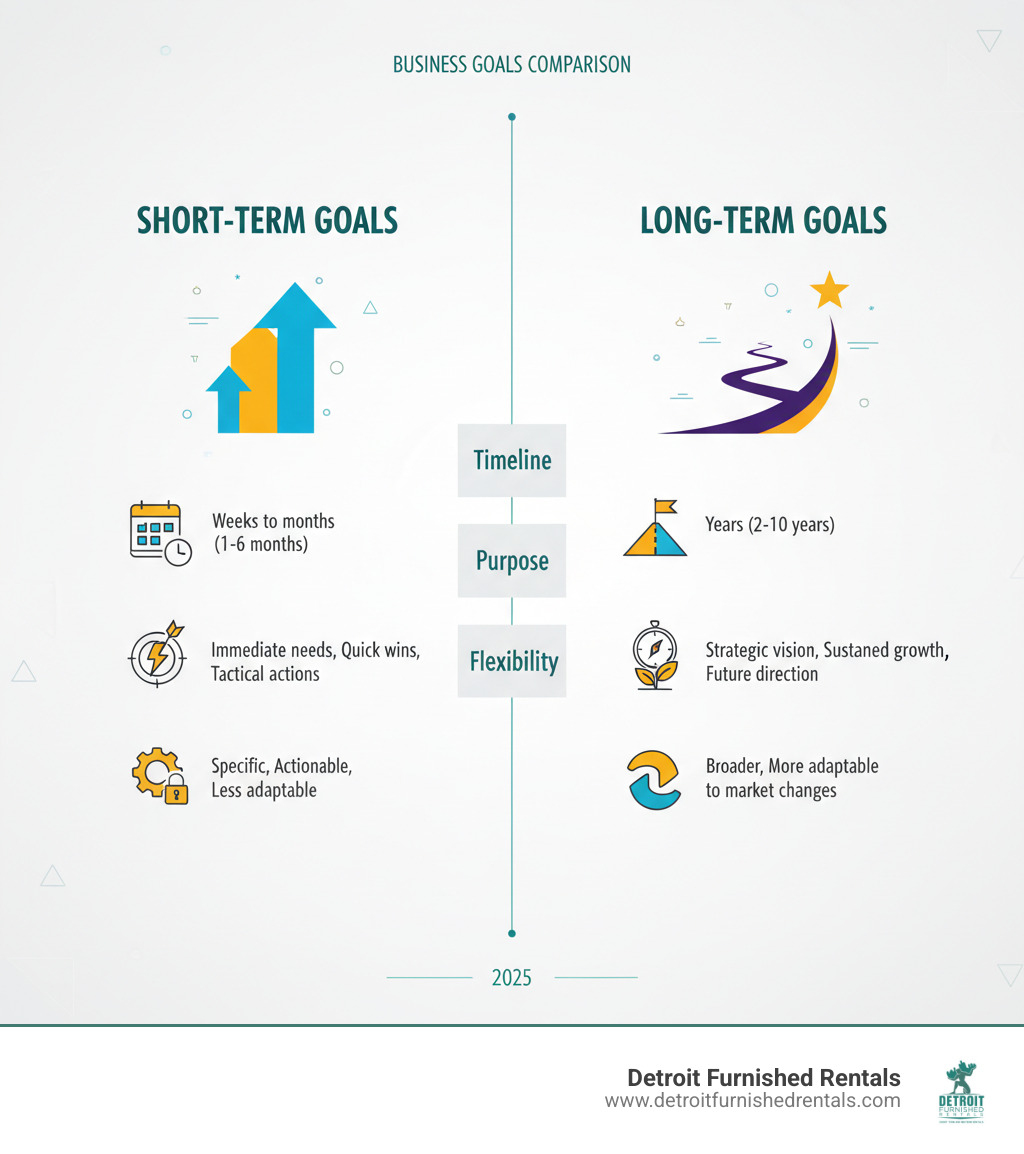 Table comparing Short-Term Goals and Long-Term Goals on metrics like Timeline, Purpose, Flexibility, and Scope - Short term business infographic 