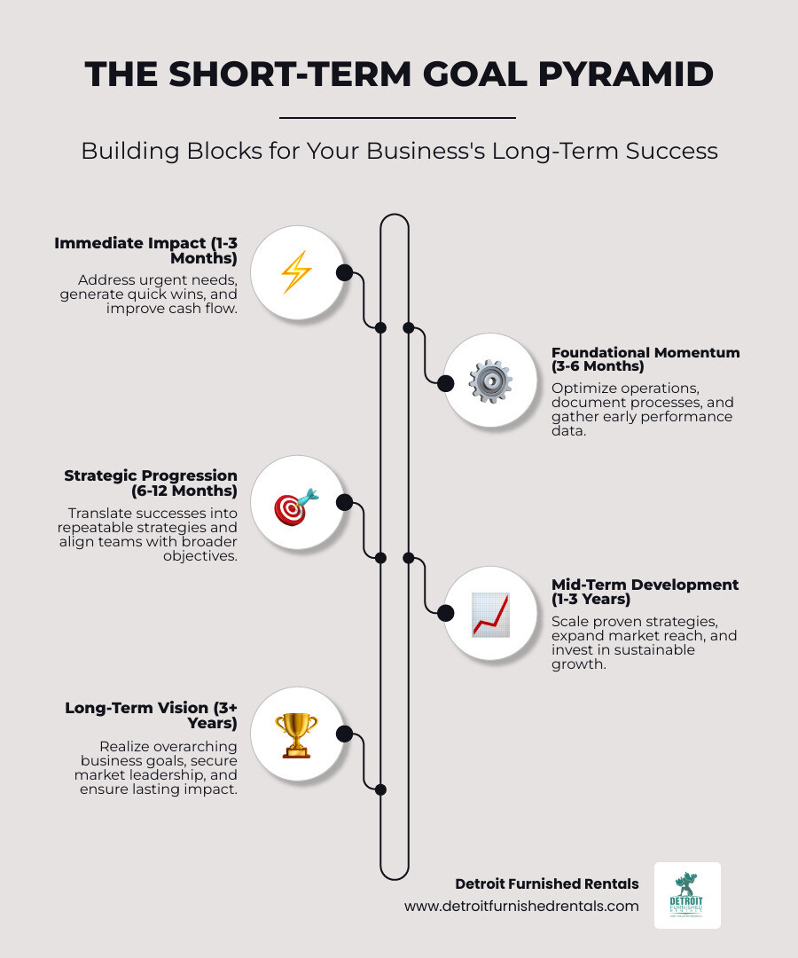 Infographic showing short-term goals as building blocks stacked into a pyramid, with immediate tactical actions at the base (1-3 months), mid-term strategies in the middle (3-6 months), and long-term vision at the peak, with arrows showing how each level supports the next - Short term business infographic infographic-line-5-steps-elegant_beige