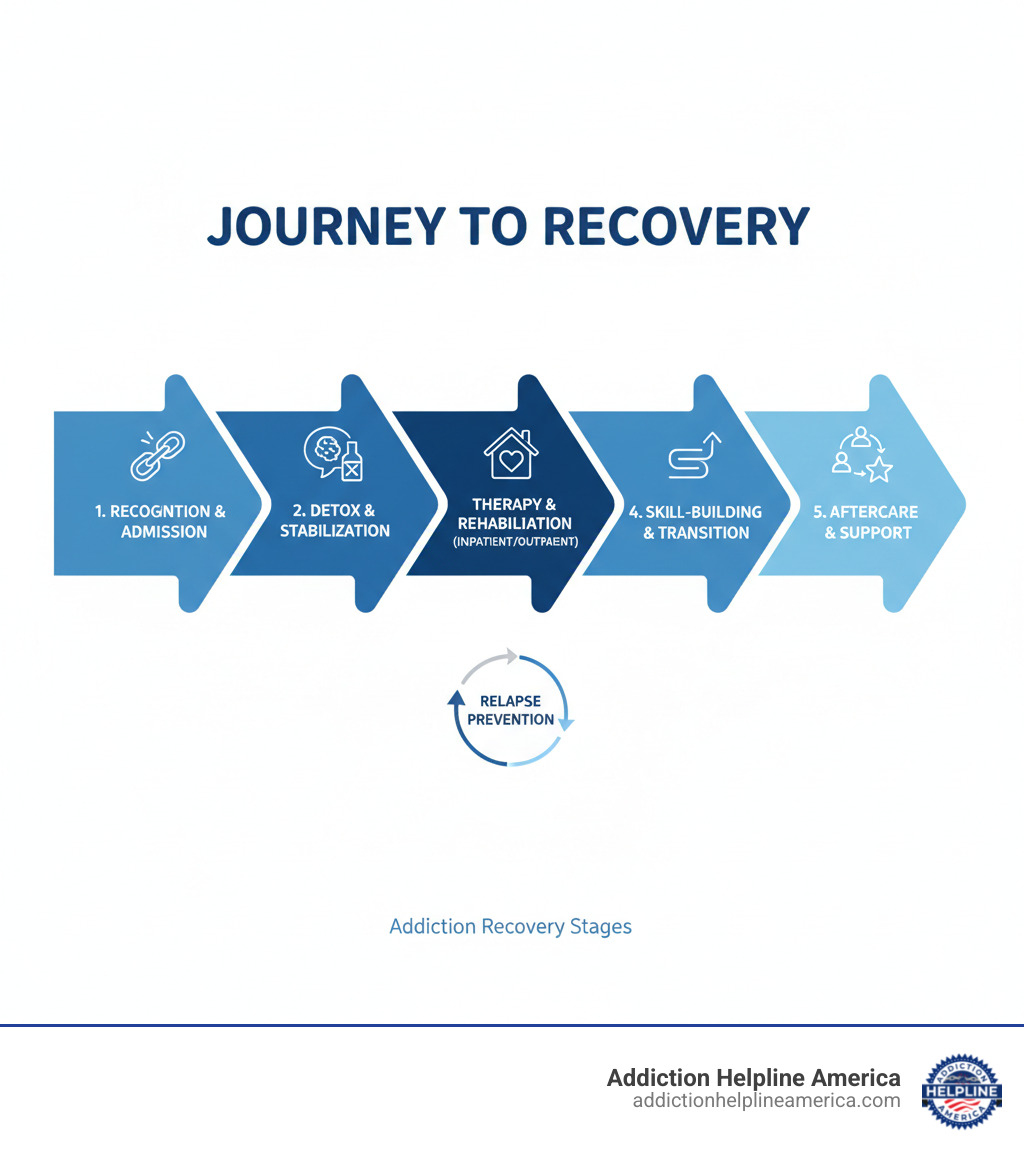 Infographic detailing the typical stages of addiction recovery from recognition to aftercare - rehab near me infographic Infographic detailing the typical stages of addiction recovery from recognition to aftercare - rehab near me infographic