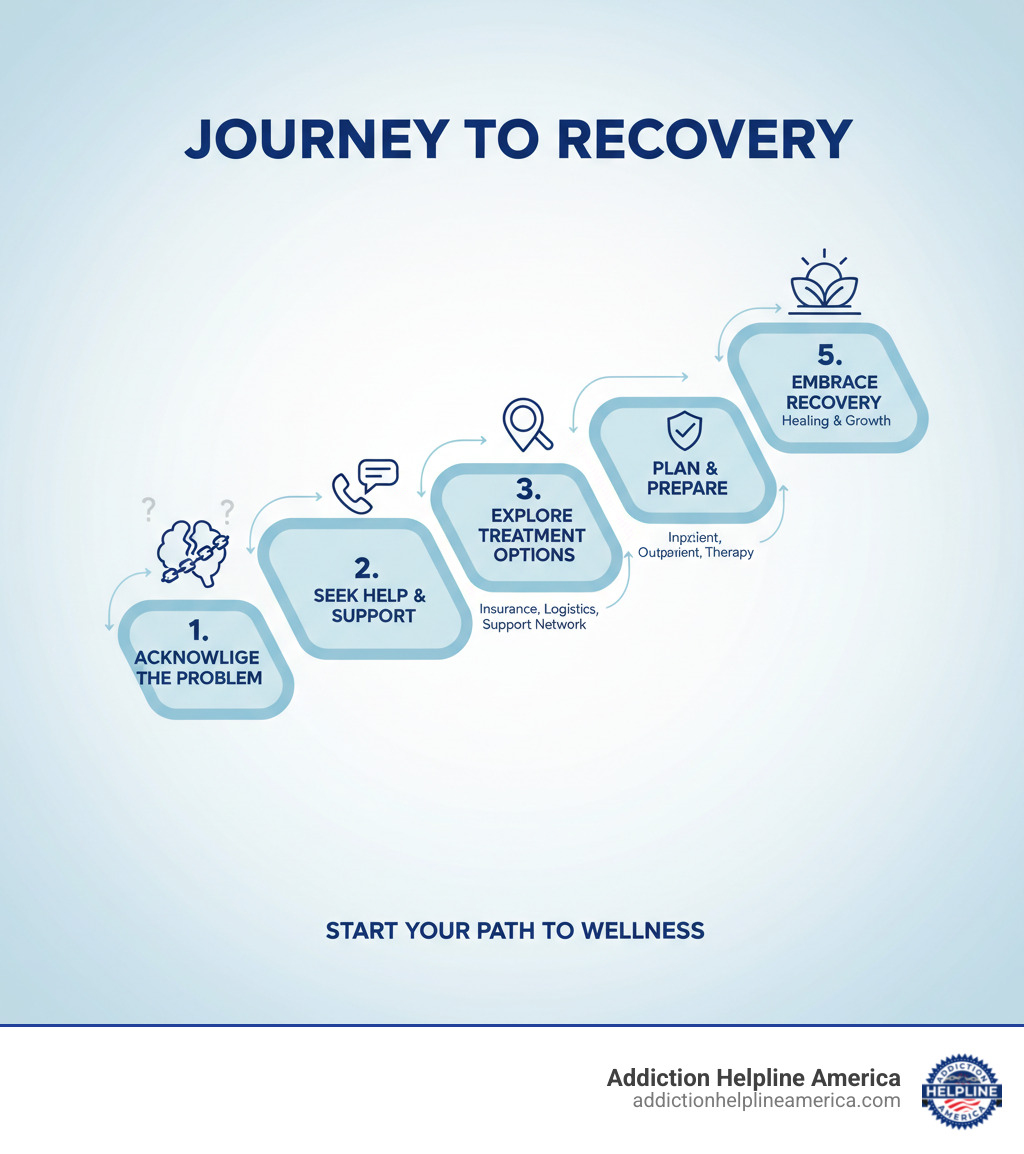 Infographic explaining the steps from acknowledging a problem to starting recovery - Find drug treatment infographic 