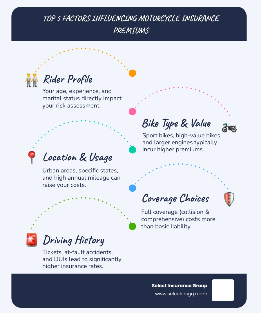 Infographic showing the top 5 factors that influence motorcycle insurance premiums: 1. Rider Age and Experience (younger and less experienced riders pay more), 2. Motorcycle Type and Engine Size (sport bikes cost 3.5x more than cruisers), 3. Location (state, urban vs rural, crime rates), 4. Coverage Level (liability-only vs full coverage with collision and comprehensive), and 5. Driving Record (tickets, accidents, and DUIs increase rates significantly) - how much is motorcycle insurance infographic infographic-line-5-steps-blues-accent_colors