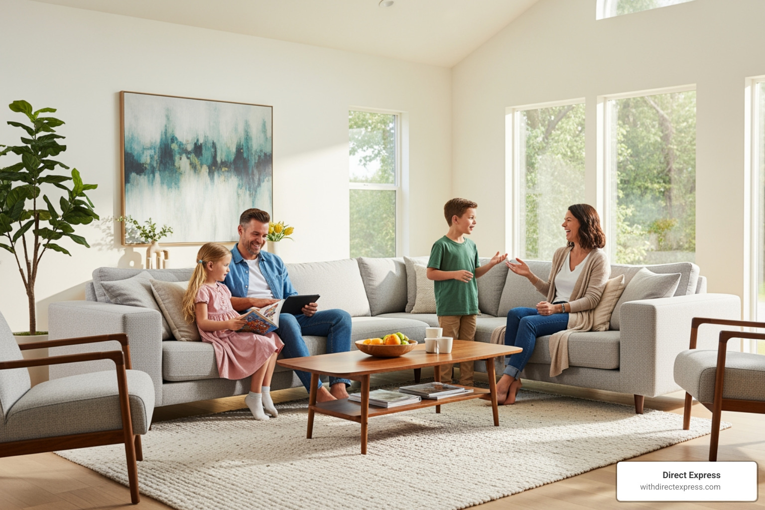 family enjoying large living room - triple wide mobile homes for rent