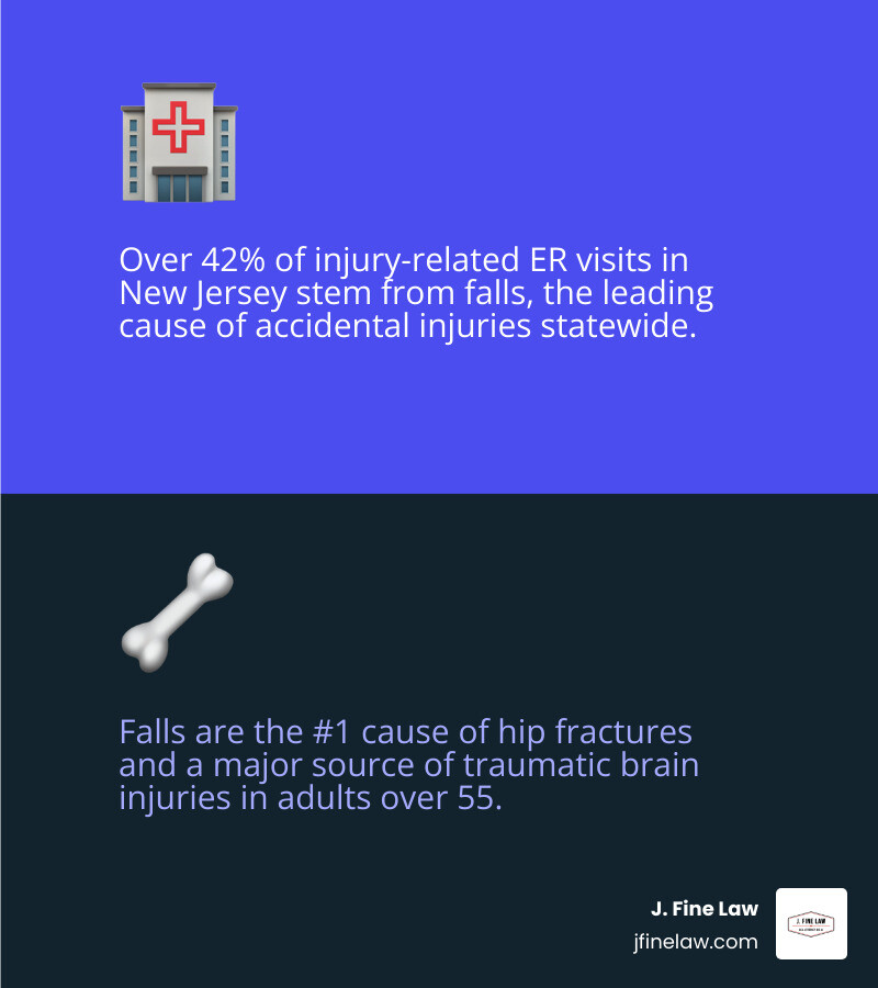 Infographic showing New Jersey slip and fall statistics: Over 42% of injury-related ER visits in New Jersey stem from falls, which are the #1 cause of hip fractures and TBIs in adults over 55. - New Jersey slip fall infographic 2_facts_emoji_blue