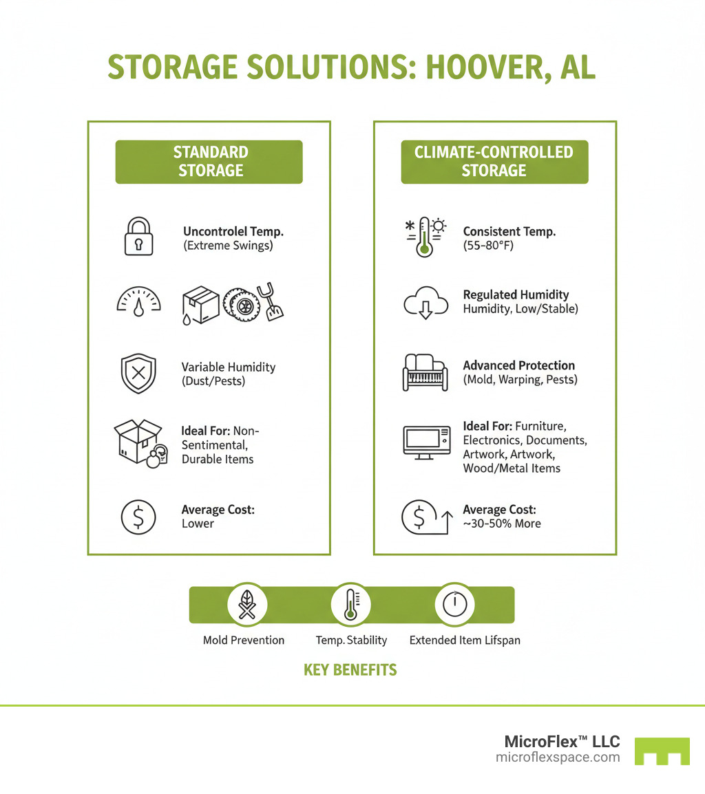Infographic comparing standard storage and climate-controlled storage in Hoover, AL, showing temperature ranges (uncontrolled vs 55-80°F), humidity levels (variable vs regulated), protection features (basic vs advanced), ideal items for each type, average monthly cost difference, and key benefits including mold prevention, temperature stability, and extended item lifespan - climate controlled storage hoover infographic Infographic comparing standard storage and climate-controlled storage in Hoover, AL, showing temperature ranges (uncontrolled vs 55-80°F), humidity levels (variable vs regulated), protection features (basic vs advanced), ideal items for each type, average monthly cost difference, and key benefits including mold prevention, temperature stability, and extended item lifespan - climate controlled storage hoover infographic