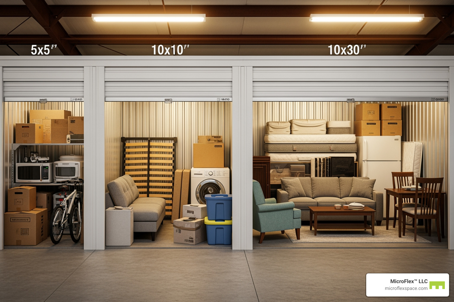Graphic showing different storage unit sizes with household item comparisons - climate controlled storage hoover Graphic showing different storage unit sizes with household item comparisons - climate controlled storage hoover