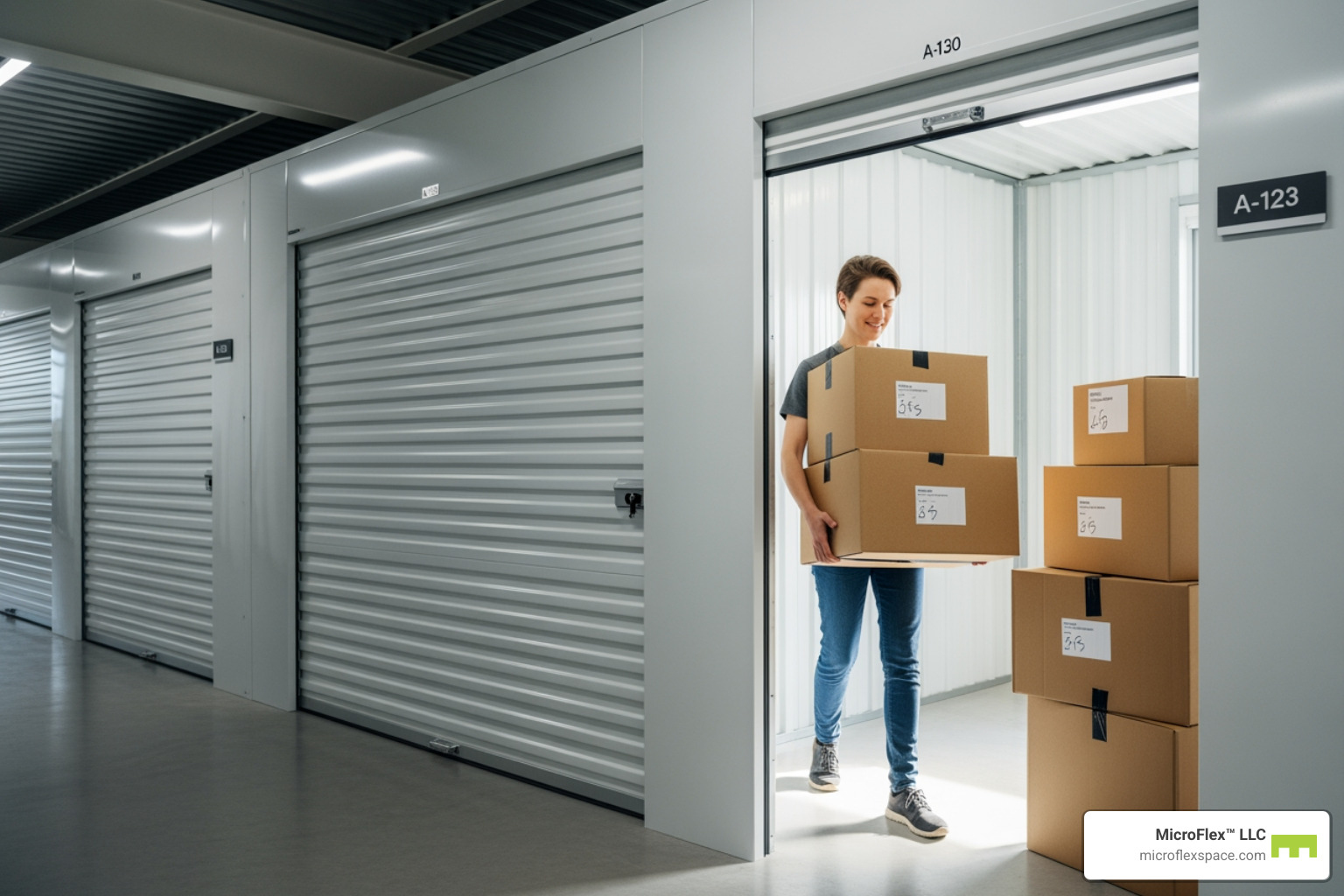 Person successfully moving boxes into a MicroFlex™ LLC space - climate controlled storage hoover Person successfully moving boxes into a MicroFlex™ LLC space - climate controlled storage hoover