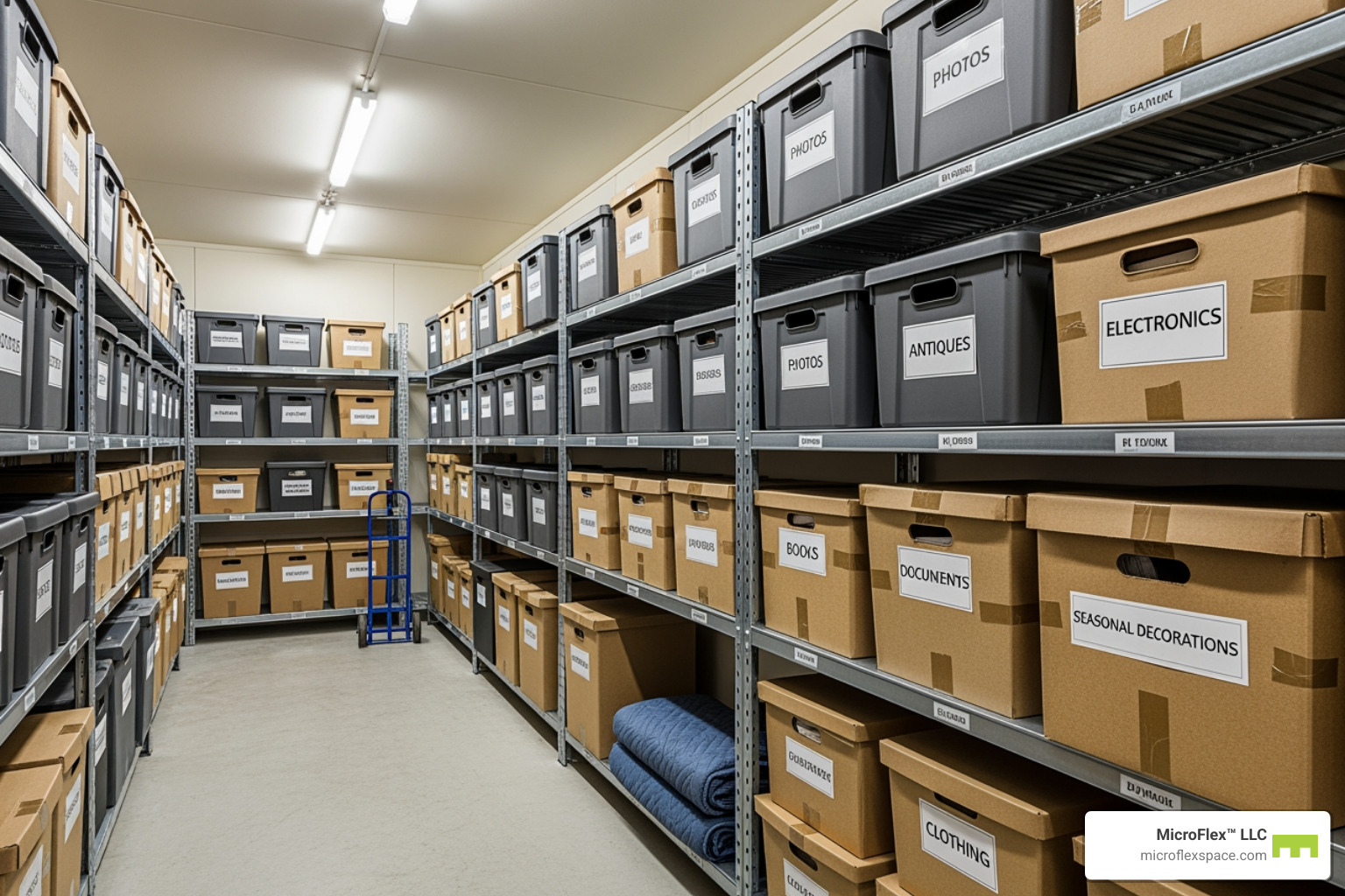 Neatly organized boxes labeled "Electronics," "Photos," and "Antiques" in a storage unit - climate controlled storage hoover Neatly organized boxes labeled "Electronics," "Photos," and "Antiques" in a storage unit - climate controlled storage hoover