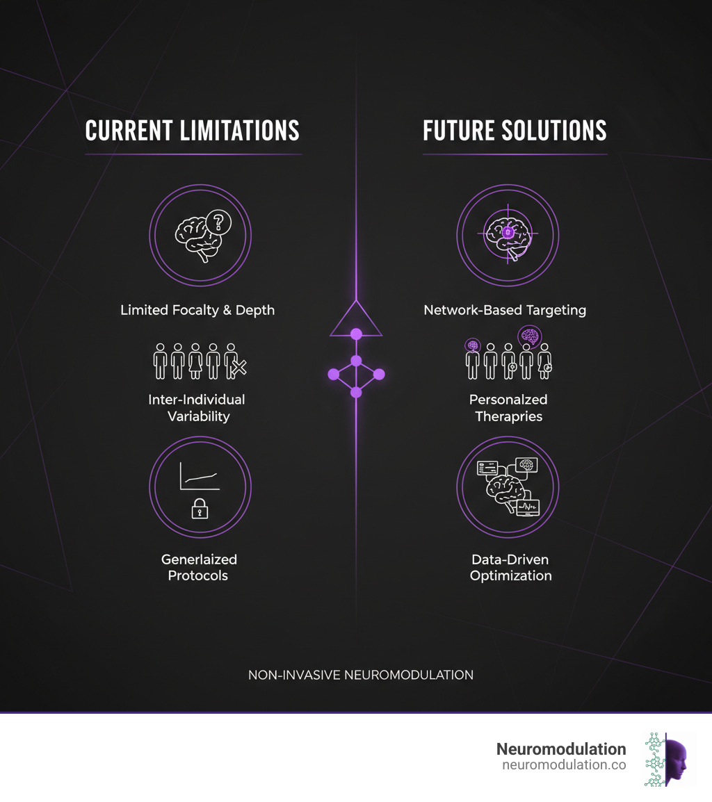 infographic comparing current limitations and future solutions in neuromodulation - non invasive neuromodulation infographic 