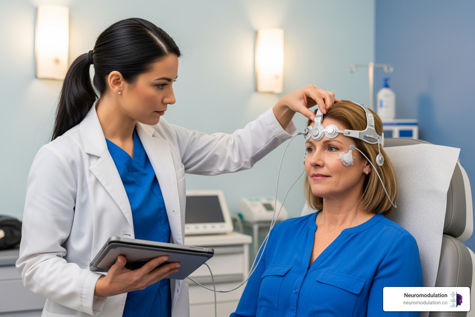 clinician applying a neuromodulation device in a professional setting - non invasive neuromodulation