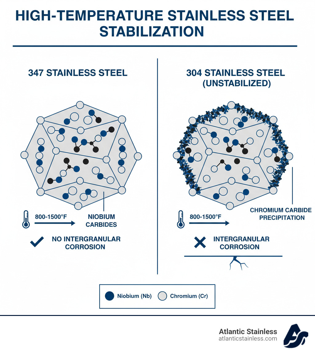 Infographic showing how niobium atoms in 347 stainless steel bond with carbon atoms to form niobium carbides within the grain structure, while unstabilized 304 stainless steel shows chromium carbide precipitation at grain boundaries leading to intergranular corrosion susceptibility after exposure to 800-1500°F temperature range - 347 stainless steel bar infographic Infographic showing how niobium atoms in 347 stainless steel bond with carbon atoms to form niobium carbides within the grain structure, while unstabilized 304 stainless steel shows chromium carbide precipitation at grain boundaries leading to intergranular corrosion susceptibility after exposure to 800-1500°F temperature range - 347 stainless steel bar infographic