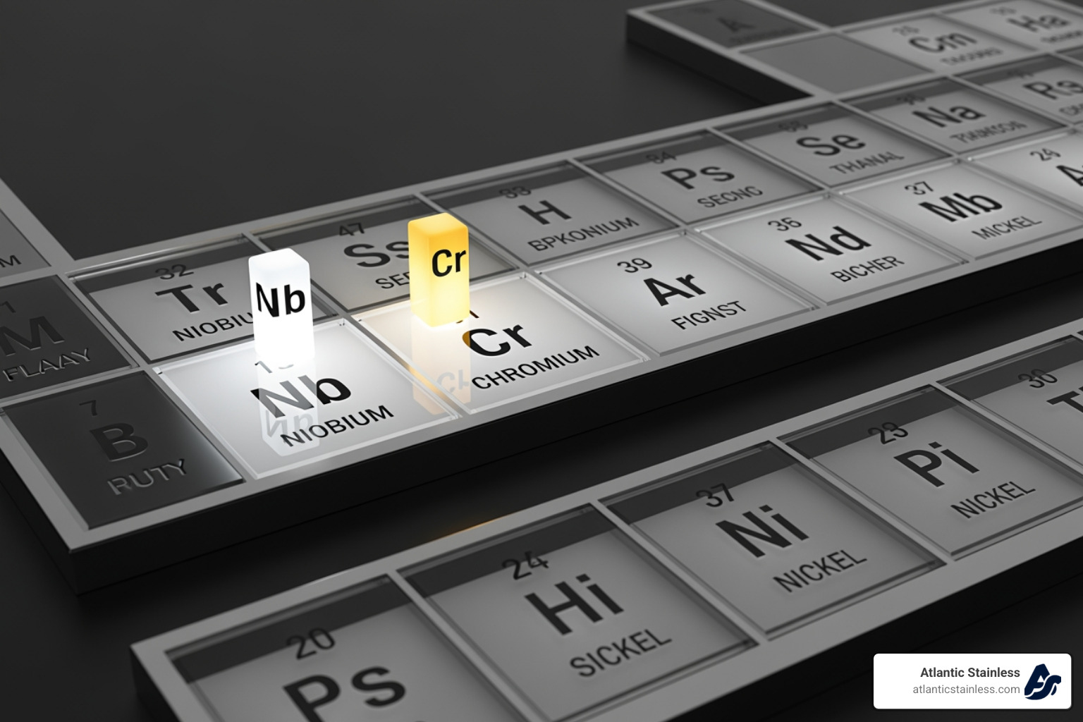 Periodic table highlighting Niobium, Chromium, and Nickel - 347 stainless steel bar Periodic table highlighting Niobium, Chromium, and Nickel - 347 stainless steel bar