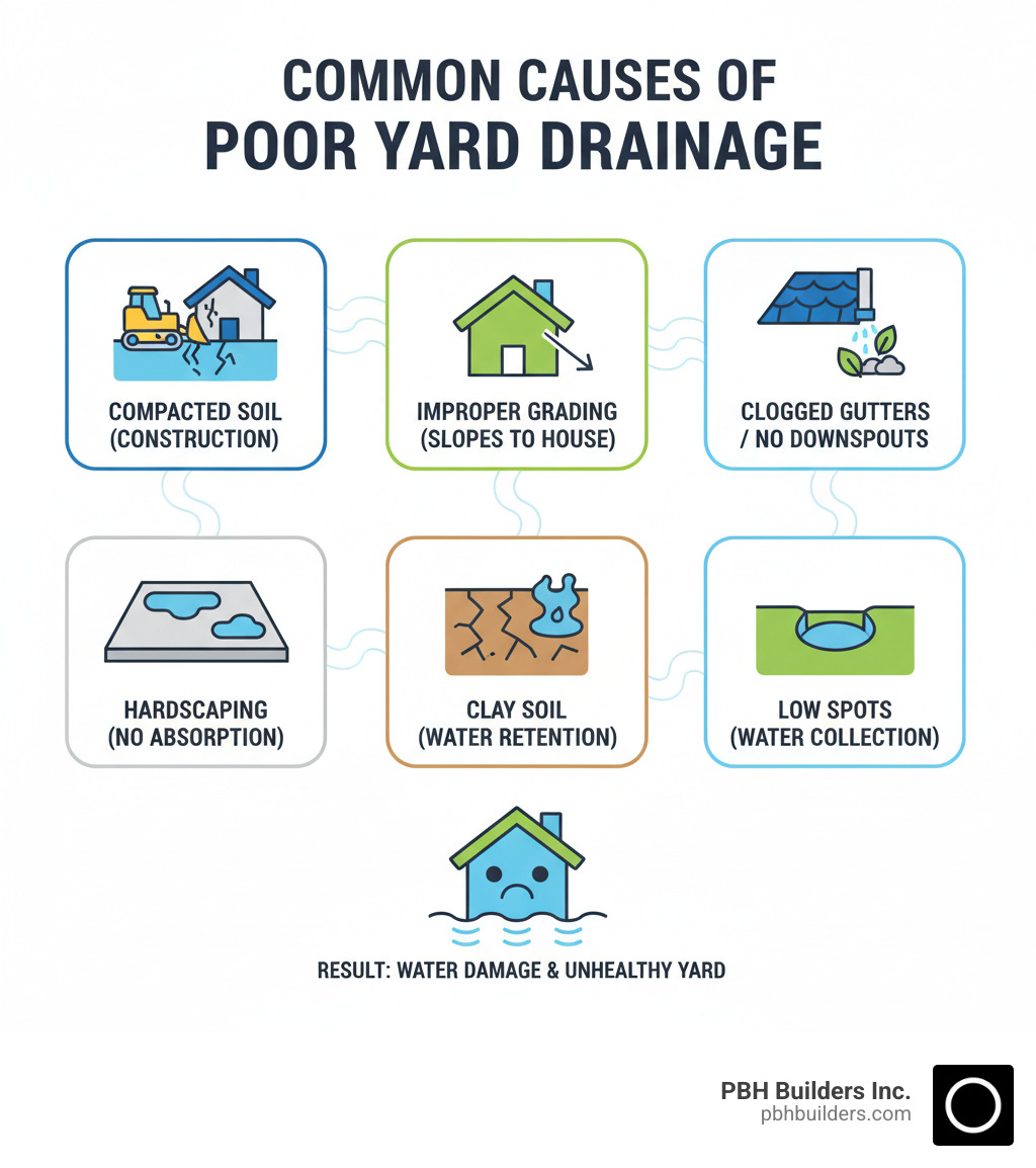 infographic showing common causes of poor yard drainage including compacted soil from construction, improper grading sloping toward the house, lack of gutters or clogged downspouts, hardscaping materials like concrete preventing water absorption, clay soil that retains water, and low spots where water naturally collects - Landscape drainage systems infographic 
