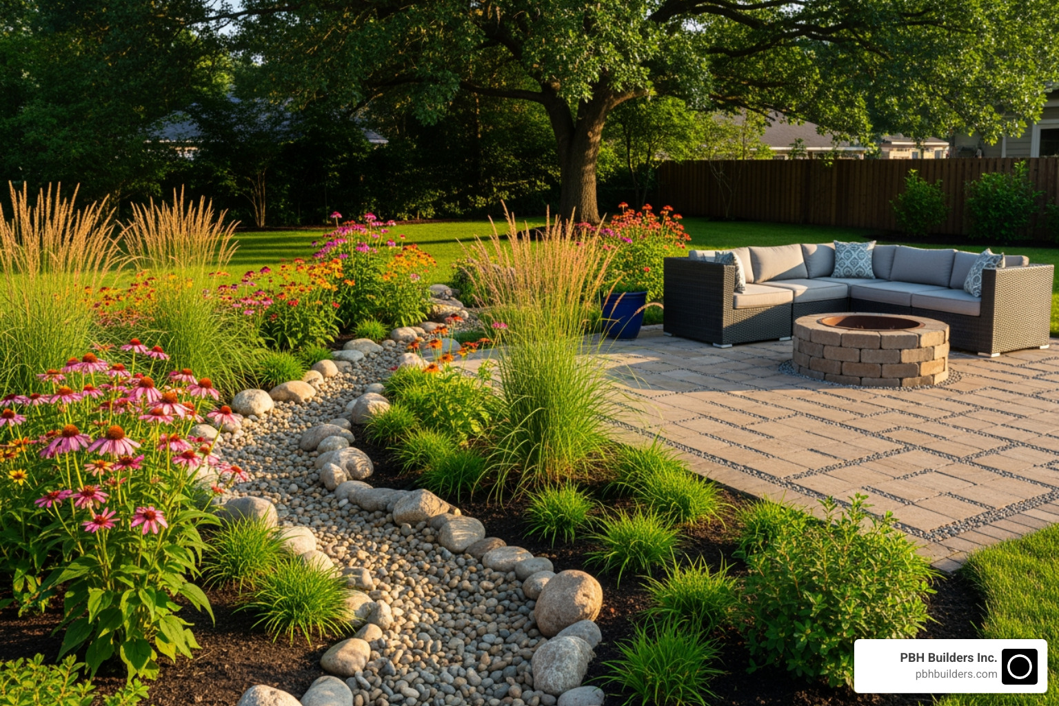 a finished landscape project featuring a rain garden and permeable paver patio - Landscape drainage systems