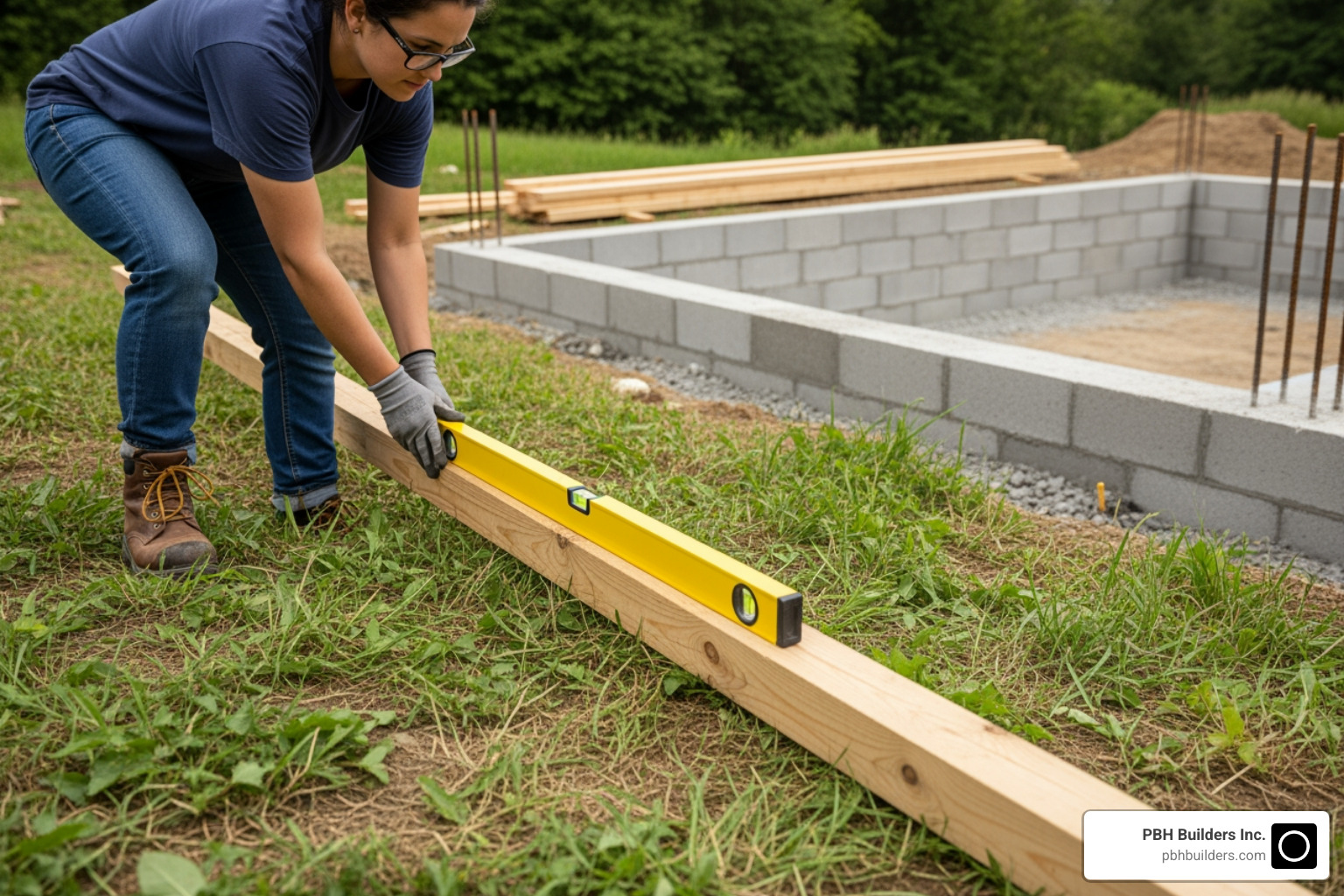 showing how to check yard slope with a level and a 2x4 - Landscape drainage systems