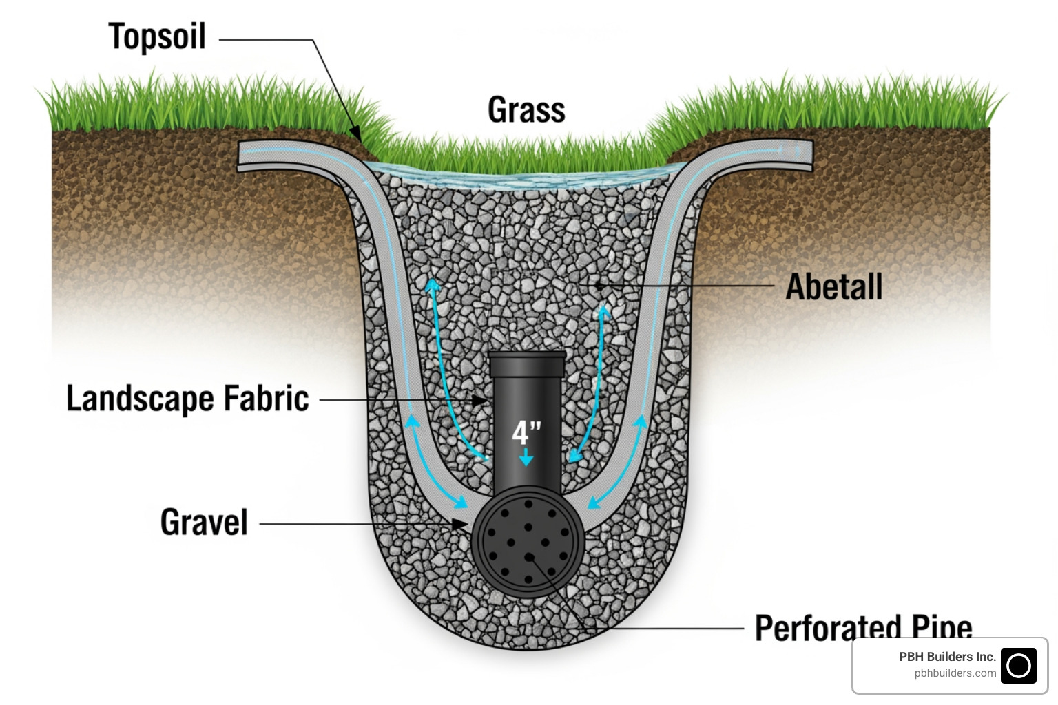 illustrating the cross-section of a properly installed French drain - Landscape drainage systems