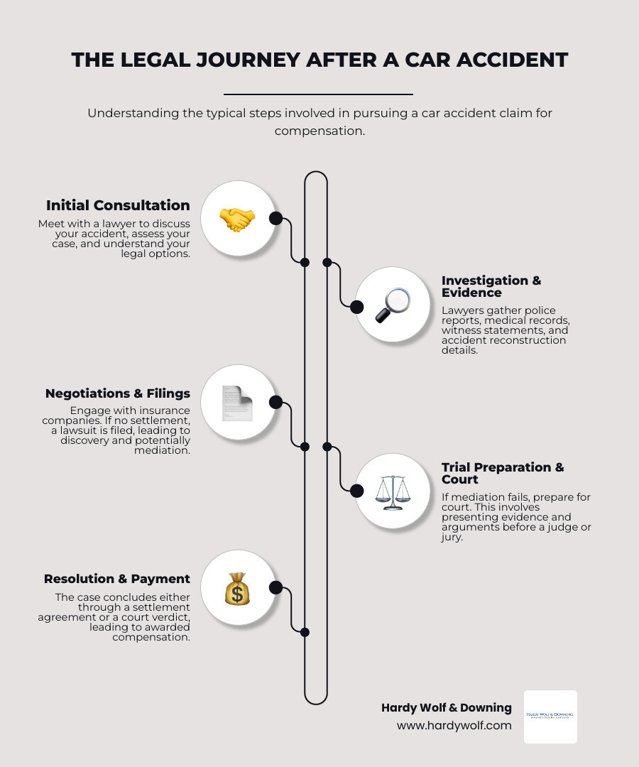 infographic showing the legal process after a car accident: initial consultation, investigation and evidence gathering, negotiation with insurance companies, filing a lawsuit, discovery phase, mediation, trial, and settlement or verdict - top rated car accident lawyers infographic infographic-line-5-steps-elegant_beige