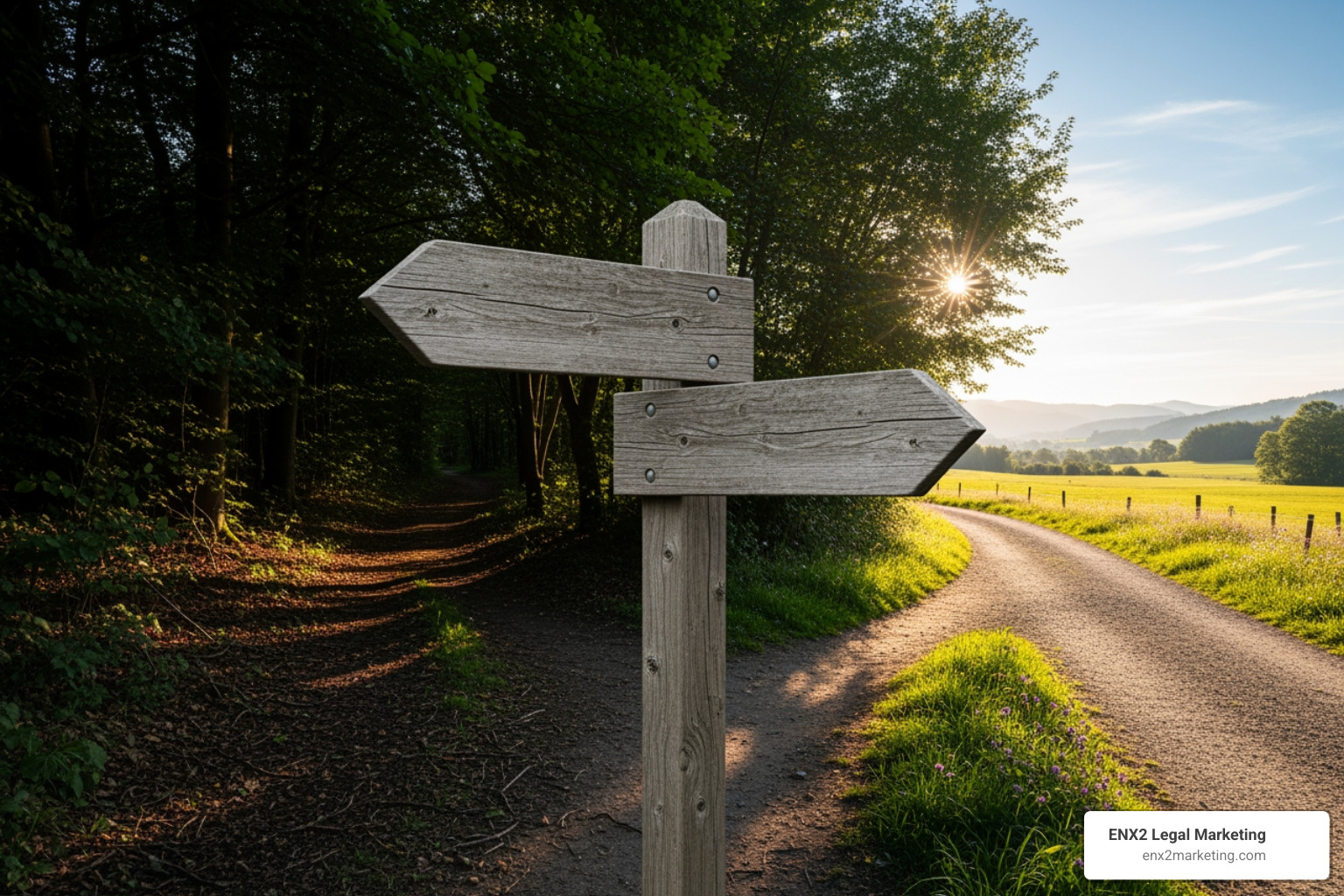 Crossroads sign with one arrow pointing to "Stagnation" and the other to "Strategic Growth," symbolizing the choice firms face in their development. - law firm growth strategies