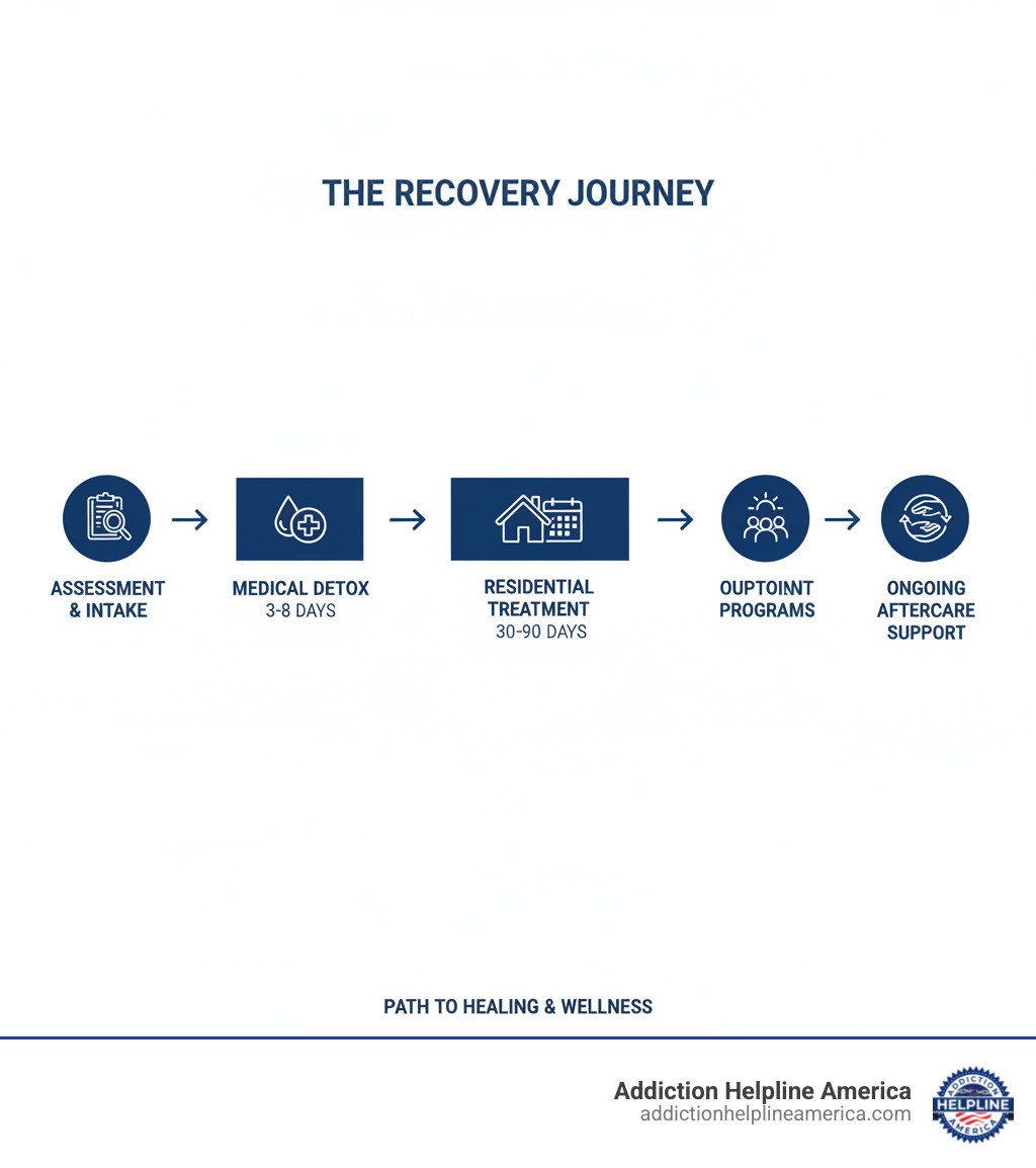 infographic showing the addiction recovery journey: assessment and intake, medical detox 3-8 days, residential treatment 30-90 days, outpatient programs, and ongoing aftercare support - drug detox facilities infographic 