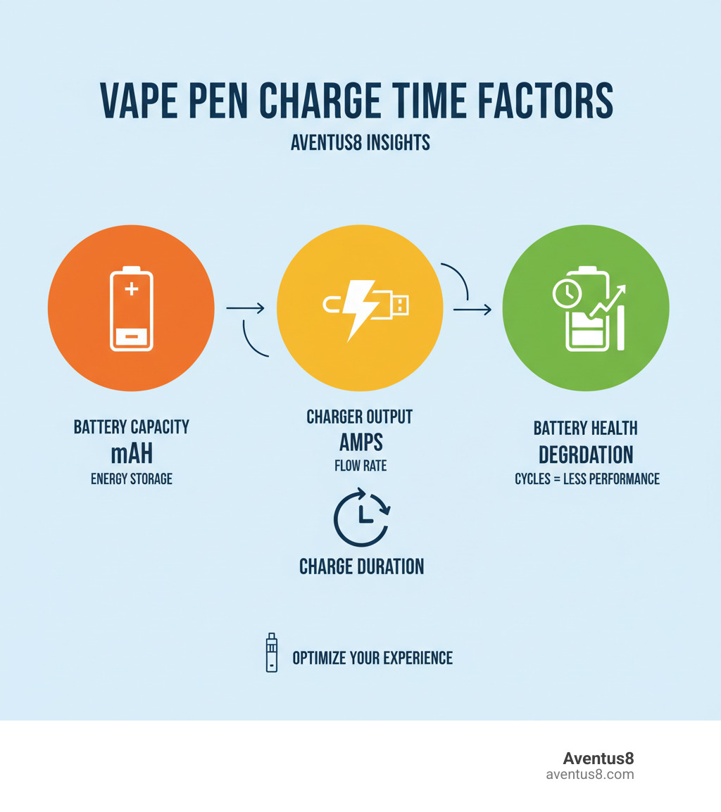 Infographic showing three main factors affecting vape pen charge time: Battery Capacity (measured in mAh, determines how much energy needs to be stored), Charger Output (measured in Amps, determines how fast energy flows), and Battery Health (lithium-ion batteries degrade over time with each charge cycle, affecting both charge time and overall performance) - Vape pen charge time infographic Infographic showing three main factors affecting vape pen charge time: Battery Capacity (measured in mAh, determines how much energy needs to be stored), Charger Output (measured in Amps, determines how fast energy flows), and Battery Health (lithium-ion batteries degrade over time with each charge cycle, affecting both charge time and overall performance) - Vape pen charge time infographic