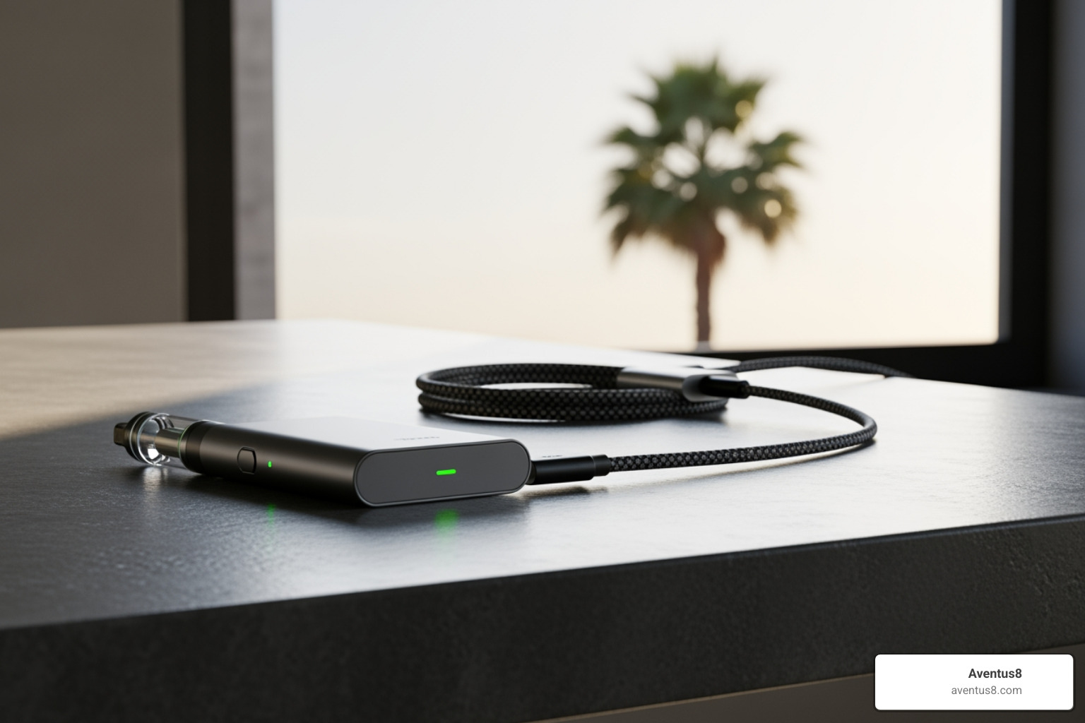 Vape pen charging safely on a cool, flat surface away from direct sunlight, with a palm tree visible in the background - Vape pen charge time Vape pen charging safely on a cool, flat surface away from direct sunlight, with a palm tree visible in the background - Vape pen charge time
