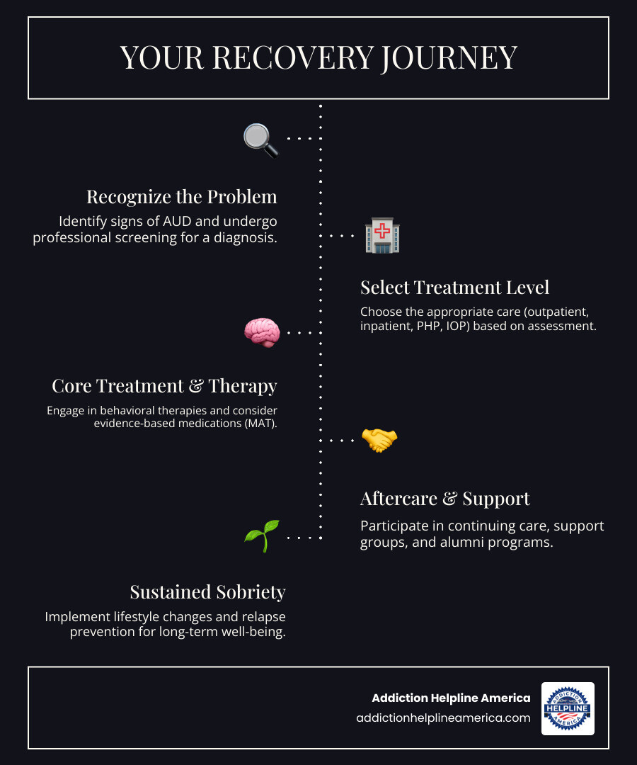 infographic showing the recovery journey from recognizing alcohol problems through screening, choosing treatment level, engaging in therapy and medication, participating in aftercare, and achieving sustained sobriety with lifestyle changes - alcoholism treatment options infographic infographic-line-5-steps-dark infographic showing the recovery journey from recognizing alcohol problems through screening, choosing treatment level, engaging in therapy and medication, participating in aftercare, and achieving sustained sobriety with lifestyle changes - alcoholism treatment options infographic infographic-line-5-steps-dark