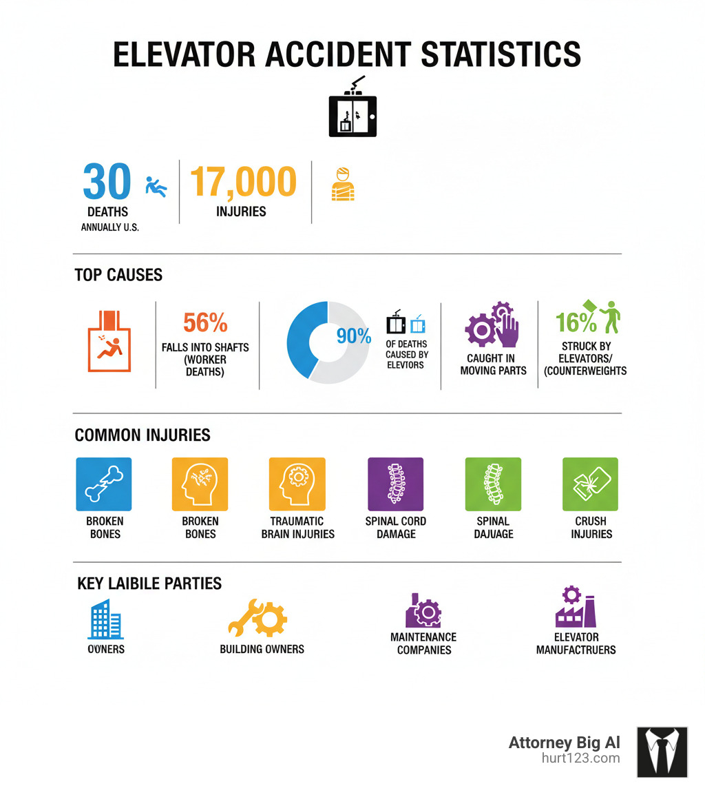 Infographic showing elevator accident statistics: 30 deaths and 17,000 injuries annually in the U.S., with elevators causing 90% of deaths. Top causes include falls into shafts (56% of worker deaths), being caught in moving parts (18%), and being struck by elevators or counterweights (16%). Common injuries include broken bones, traumatic brain injuries, spinal cord damage, and crush injuries. Key liable parties are building owners, maintenance companies, and elevator manufacturers. - elevator accident injury infographic 