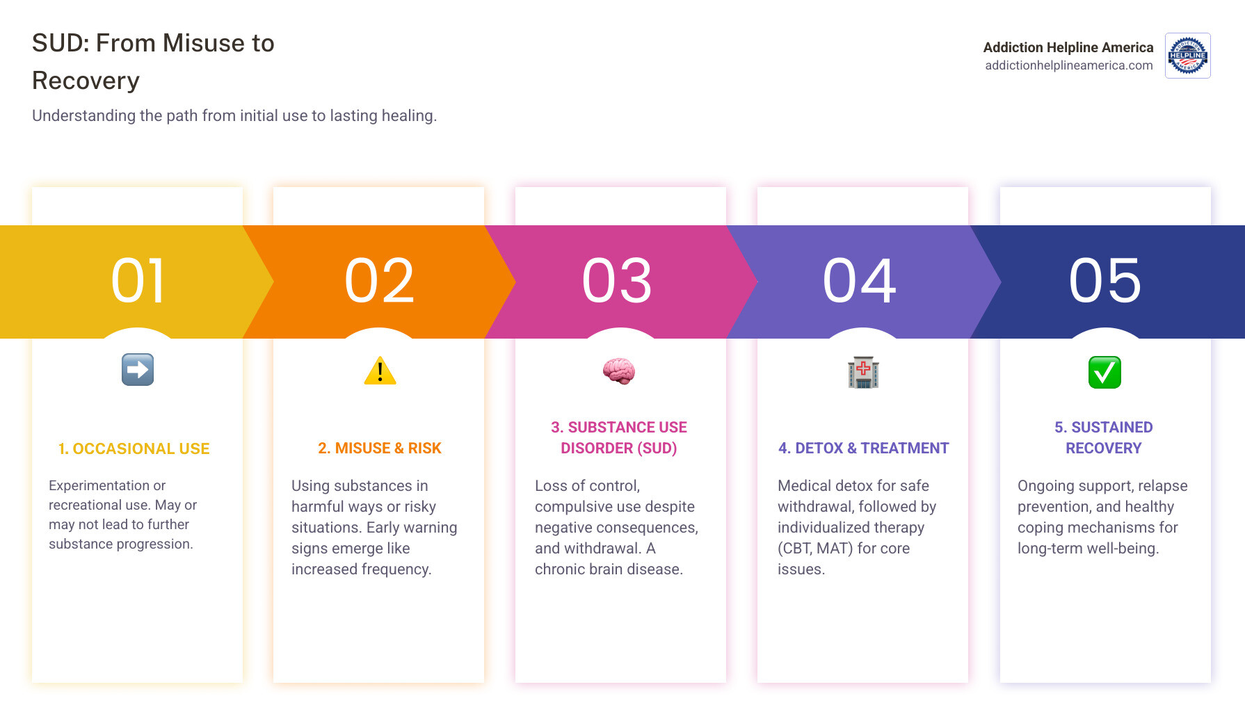 infographic showing the progression from occasional substance use to substance use disorder, including warning signs at each stage, plus the recovery pathway showing detox, treatment, therapy, ongoing support, and long-term recovery management - drug abuse treatment infographic pillar-5-steps infographic showing the progression from occasional substance use to substance use disorder, including warning signs at each stage, plus the recovery pathway showing detox, treatment, therapy, ongoing support, and long-term recovery management - drug abuse treatment infographic pillar-5-steps