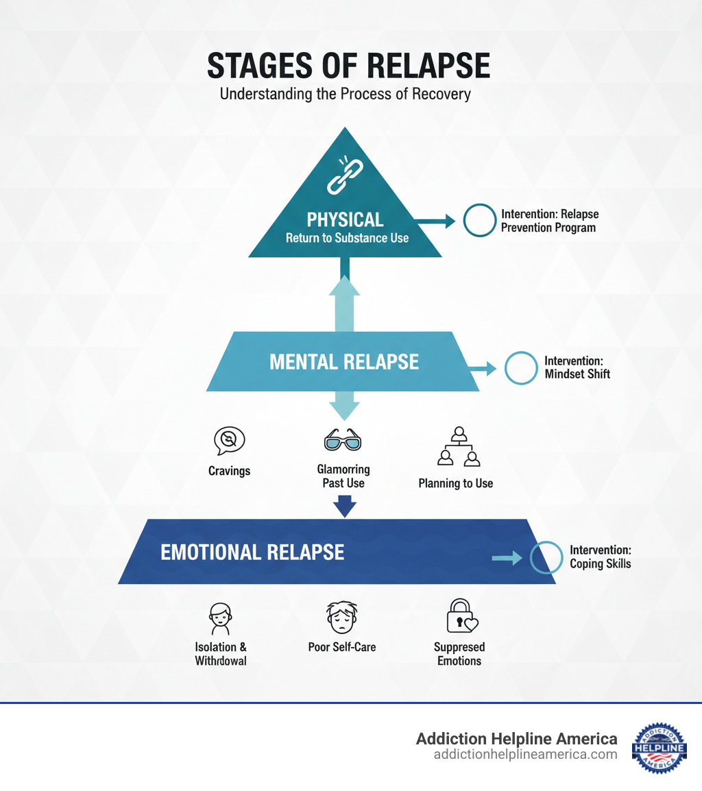 Infographic showing the three stages of relapse: Emotional relapse (bottom tier) with signs like isolation, poor self-care, and suppressed emotions; Mental relapse (middle tier) showing cravings, glamorizing past use, and planning to use; and Physical relapse (top tier) representing the actual return to substance use. Arrows show progression between stages with intervention points marked at each level. - relapse prevention program infographic Infographic showing the three stages of relapse: Emotional relapse (bottom tier) with signs like isolation, poor self-care, and suppressed emotions; Mental relapse (middle tier) showing cravings, glamorizing past use, and planning to use; and Physical relapse (top tier) representing the actual return to substance use. Arrows show progression between stages with intervention points marked at each level. - relapse prevention program infographic