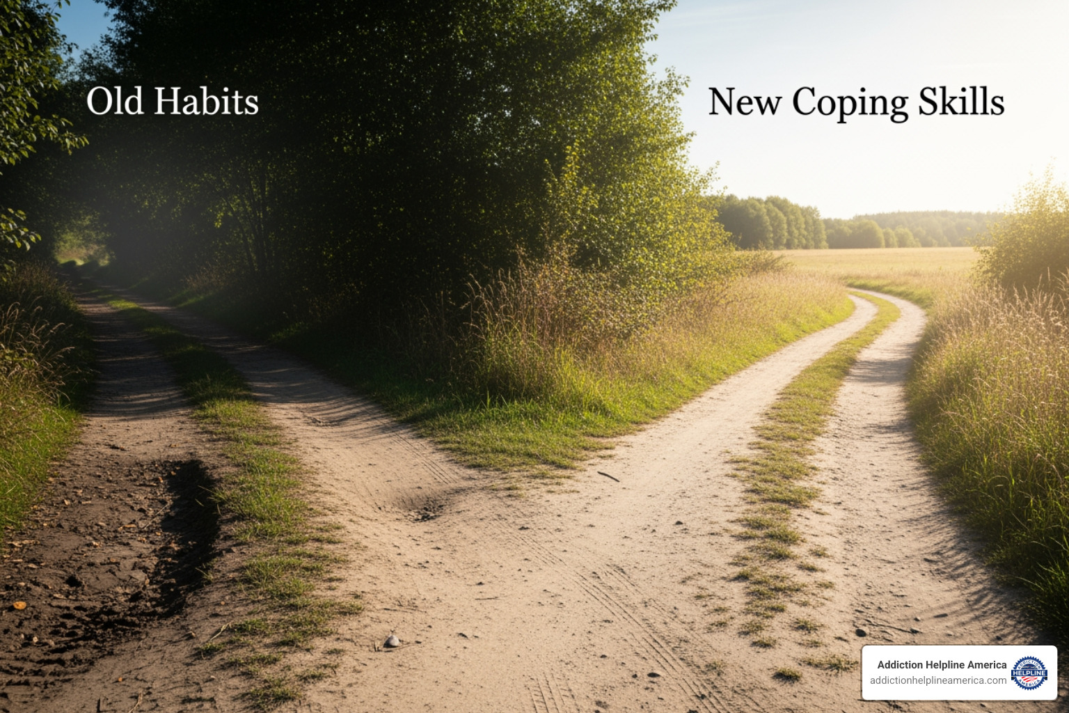 A fork in the road, with one path labeled "Old Habits" and the other "New Coping Skills" - relapse prevention program A fork in the road, with one path labeled "Old Habits" and the other "New Coping Skills" - relapse prevention program