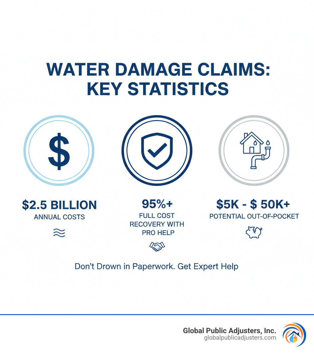 Infographic showing key statistics on water damage claims, including annual costs ($2.5 Billion), the high percentage of full cost recovery (95%+) with professional help, and potential out-of-pocket expenses for homeowners ($5,000-$50,000+) - water damage insurance claim specialist infographic 