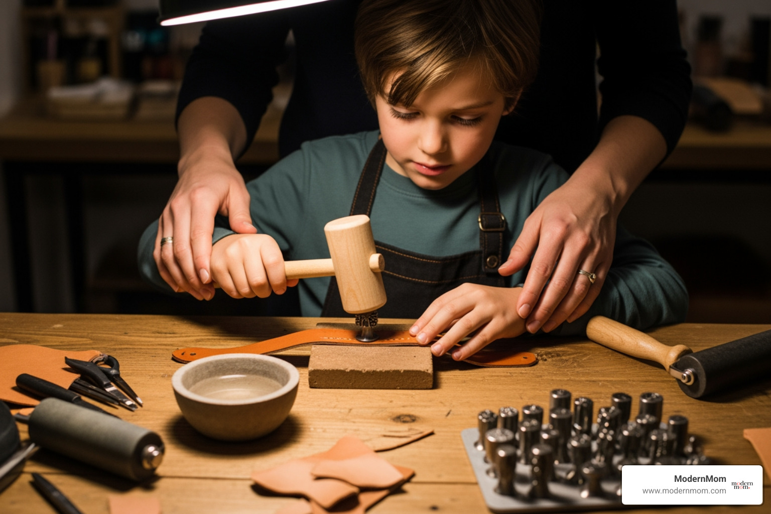 a child stamping a leather bracelet with adult supervision. - leather craft projects