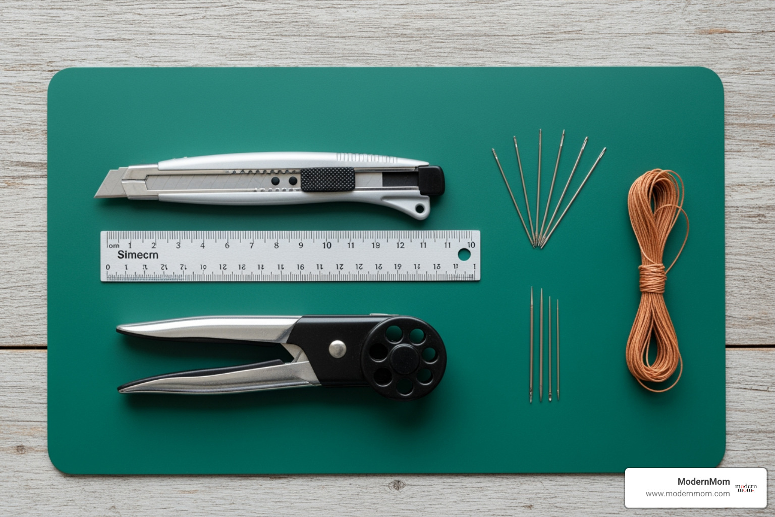 a beginner's toolkit: cutting mat, utility knife, ruler, hole punch, and needles with thread. - leather craft projects