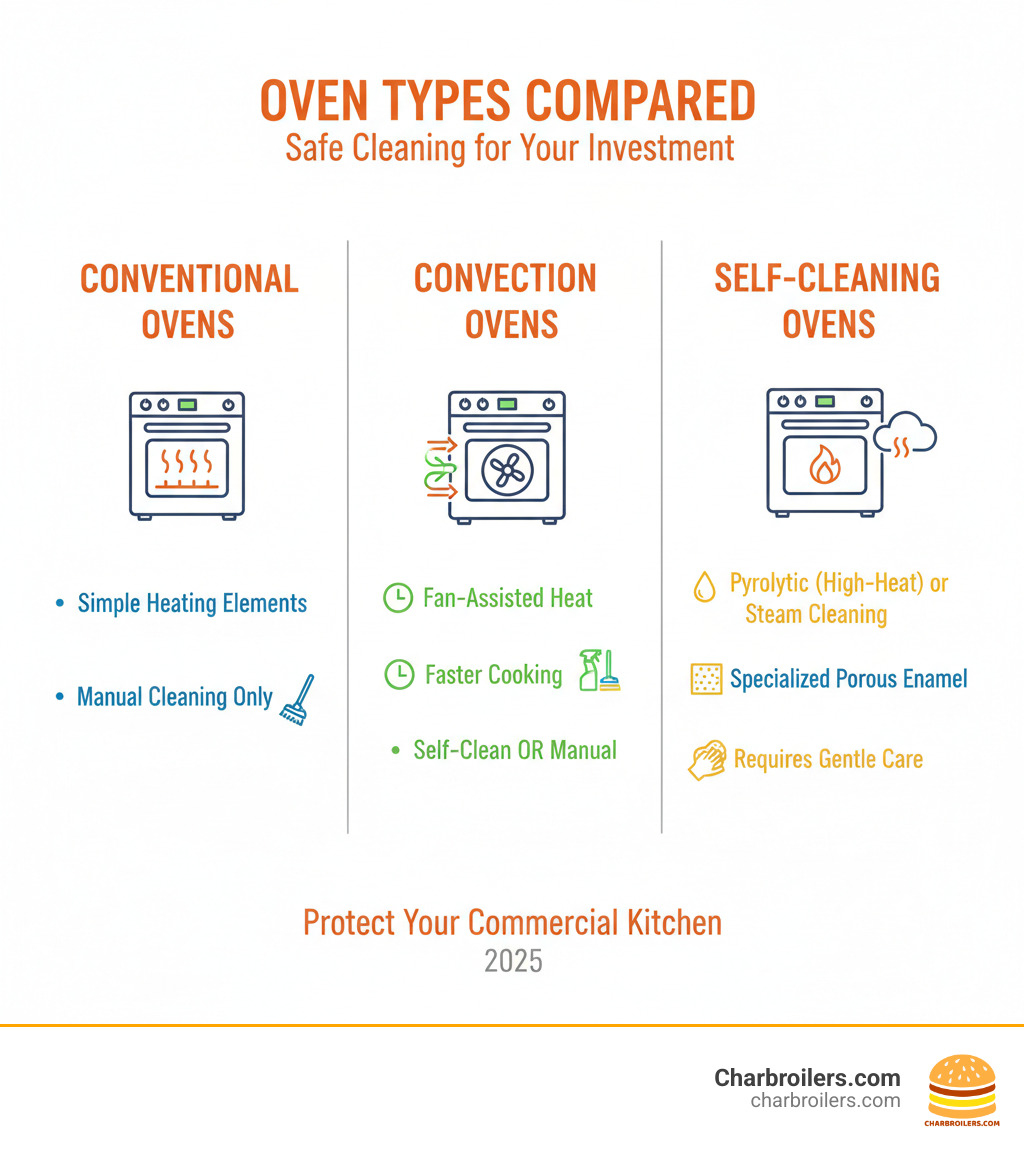 Infographic showing three columns comparing conventional ovens (simple heating elements, manual cleaning only), convection ovens (fan-assisted heat circulation, faster cooking, can be self-cleaning or manual), and self-cleaning ovens (pyrolytic high-heat cleaning or steam cleaning, specialized porous enamel coating that requires gentle care) - what is a safe commercial cleaner for self-cleaning convection oven infographic 