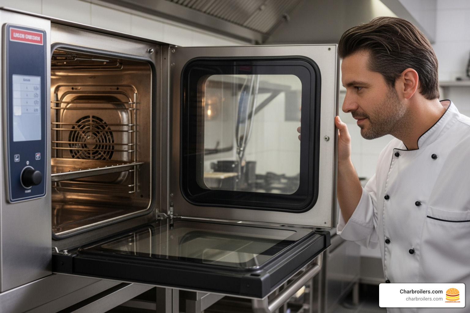 chef inspecting a clean commercial convection oven - what is a safe commercial cleaner for self-cleaning convection oven