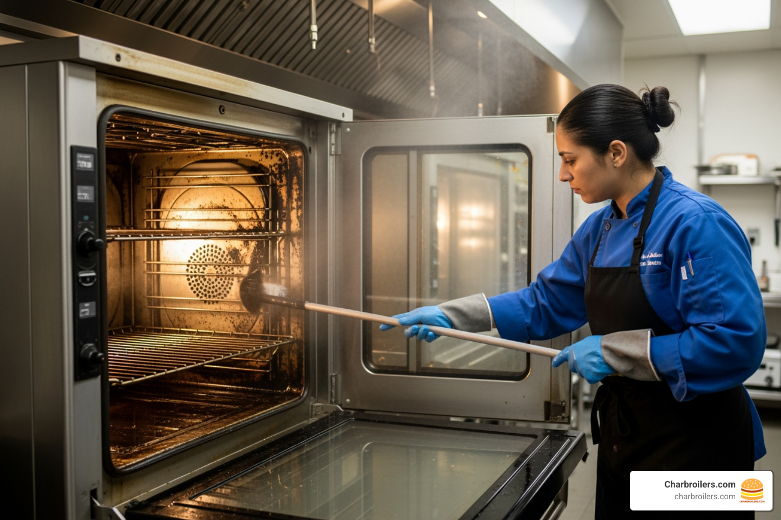 person cleaning inside a commercial oven - what is a safe commercial cleaner for self-cleaning convection oven