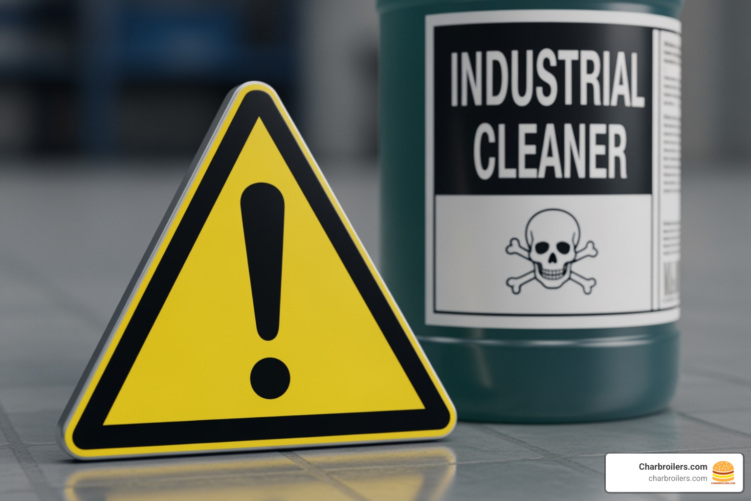 warning sign over a bottle of harsh chemical oven cleaner - what is a safe commercial cleaner for self-cleaning convection oven