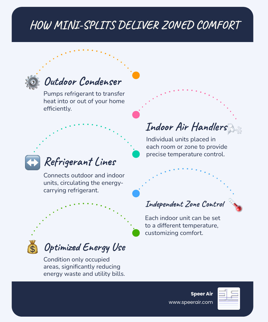 Infographic showing a cutaway home with multiple rooms, each containing an indoor mini-split air handler connected by refrigerant lines to a single outdoor condenser unit, with arrows indicating independent temperature control in each zone and labels for key components including indoor units, outdoor condenser, refrigerant lines, and wireless remote controls - mini split repair denville infographic infographic-line-5-steps-blues-accent_colors Infographic showing a cutaway home with multiple rooms, each containing an indoor mini-split air handler connected by refrigerant lines to a single outdoor condenser unit, with arrows indicating independent temperature control in each zone and labels for key components including indoor units, outdoor condenser, refrigerant lines, and wireless remote controls - mini split repair denville infographic infographic-line-5-steps-blues-accent_colors
