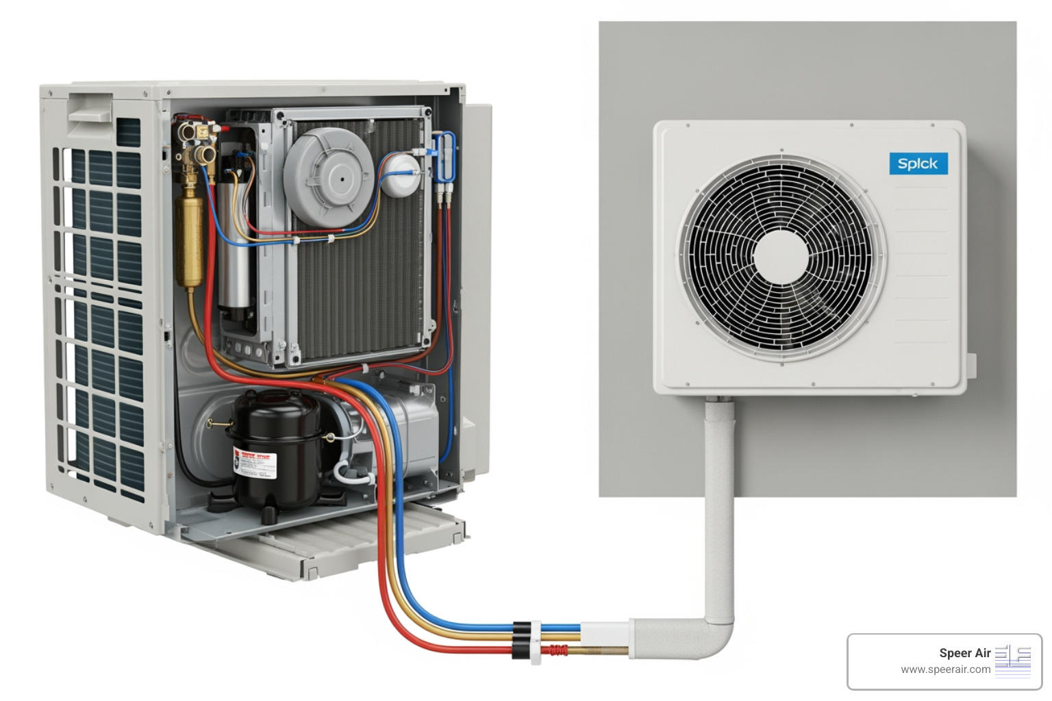 Key components of a mini-split system, showing an outdoor condenser unit connected via lines to an indoor wall-mounted air handler unit, with labels pointing to the compressor, coils, fan, refrigerant lines, and condensate drain - mini split repair denville Key components of a mini-split system, showing an outdoor condenser unit connected via lines to an indoor wall-mounted air handler unit, with labels pointing to the compressor, coils, fan, refrigerant lines, and condensate drain - mini split repair denville