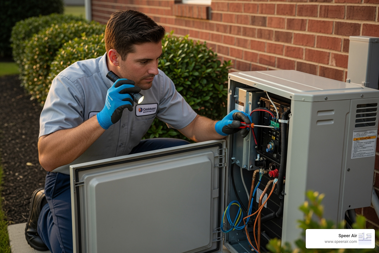 A technician wearing gloves and using tools, carefully inspecting the outdoor condenser unit of a mini-split system, with a focus on the internal components - mini split repair denville A technician wearing gloves and using tools, carefully inspecting the outdoor condenser unit of a mini-split system, with a focus on the internal components - mini split repair denville