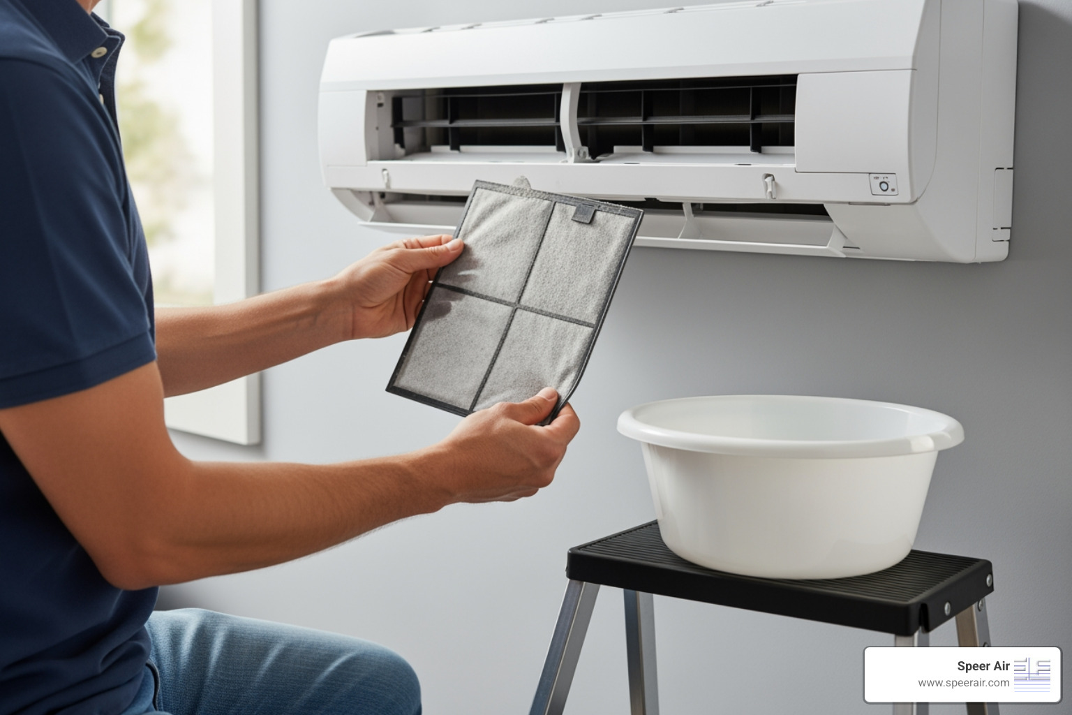 A homeowner carefully removing and cleaning a reusable air filter from an indoor mini-split unit, demonstrating a simple DIY maintenance task - mini split repair denville A homeowner carefully removing and cleaning a reusable air filter from an indoor mini-split unit, demonstrating a simple DIY maintenance task - mini split repair denville