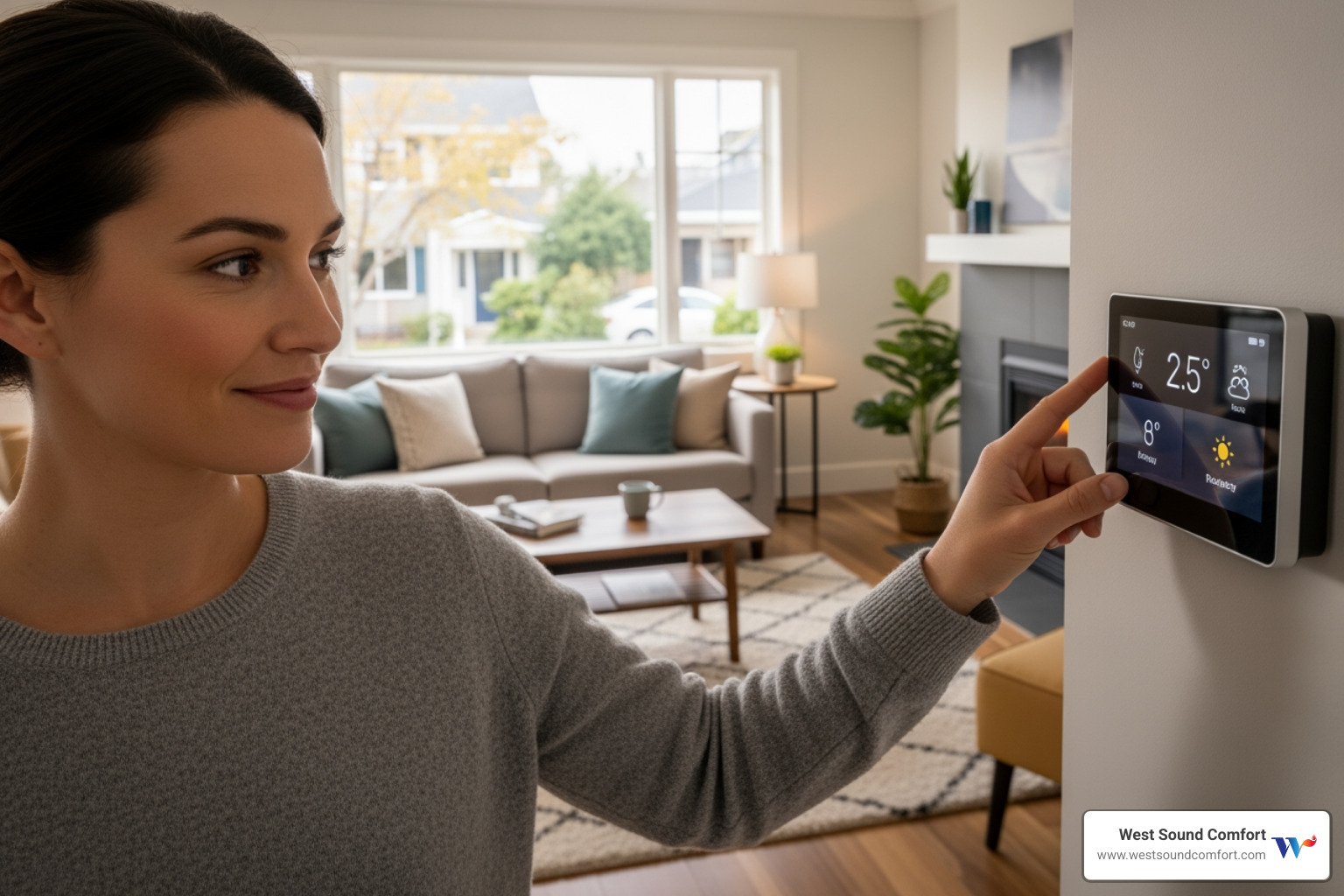 A homeowner thoughtfully checking the settings on their smart thermostat, with a view of a cozy living room in the background - emergency heat pump repair in sequim, wa