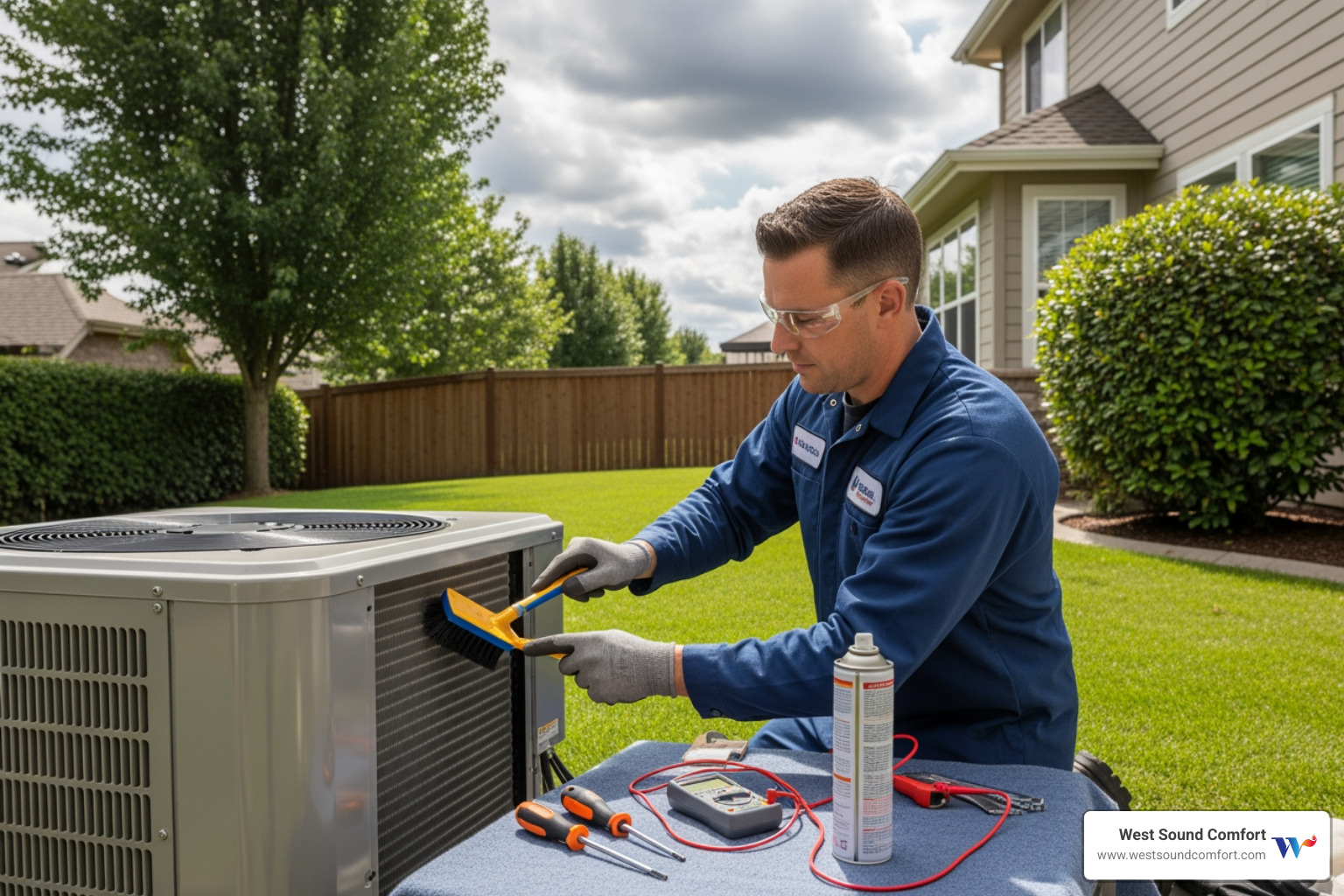 A skilled technician meticulously performing routine maintenance on the outdoor unit of a heat pump, ensuring all components are clean and functional - emergency heat pump repair in sequim, wa